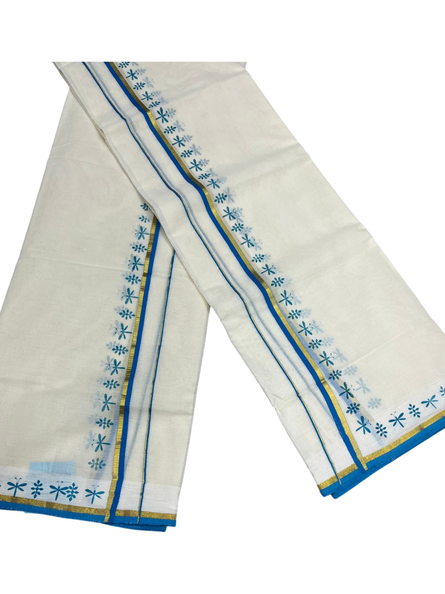 Southloom Pure Cotton Kerala Set Mundu (Mundum Neriyathum) Blue Border in 2.80 mtrs