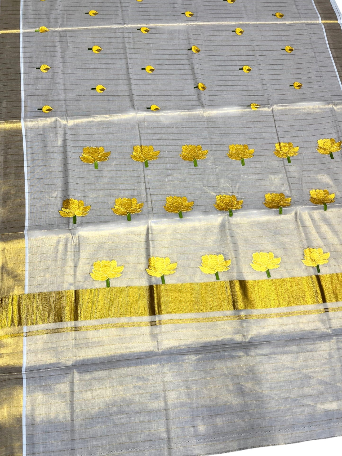 Southloom Kerala Tissue Kasavu Saree with Yellow Lotus Embroidery Design SL289