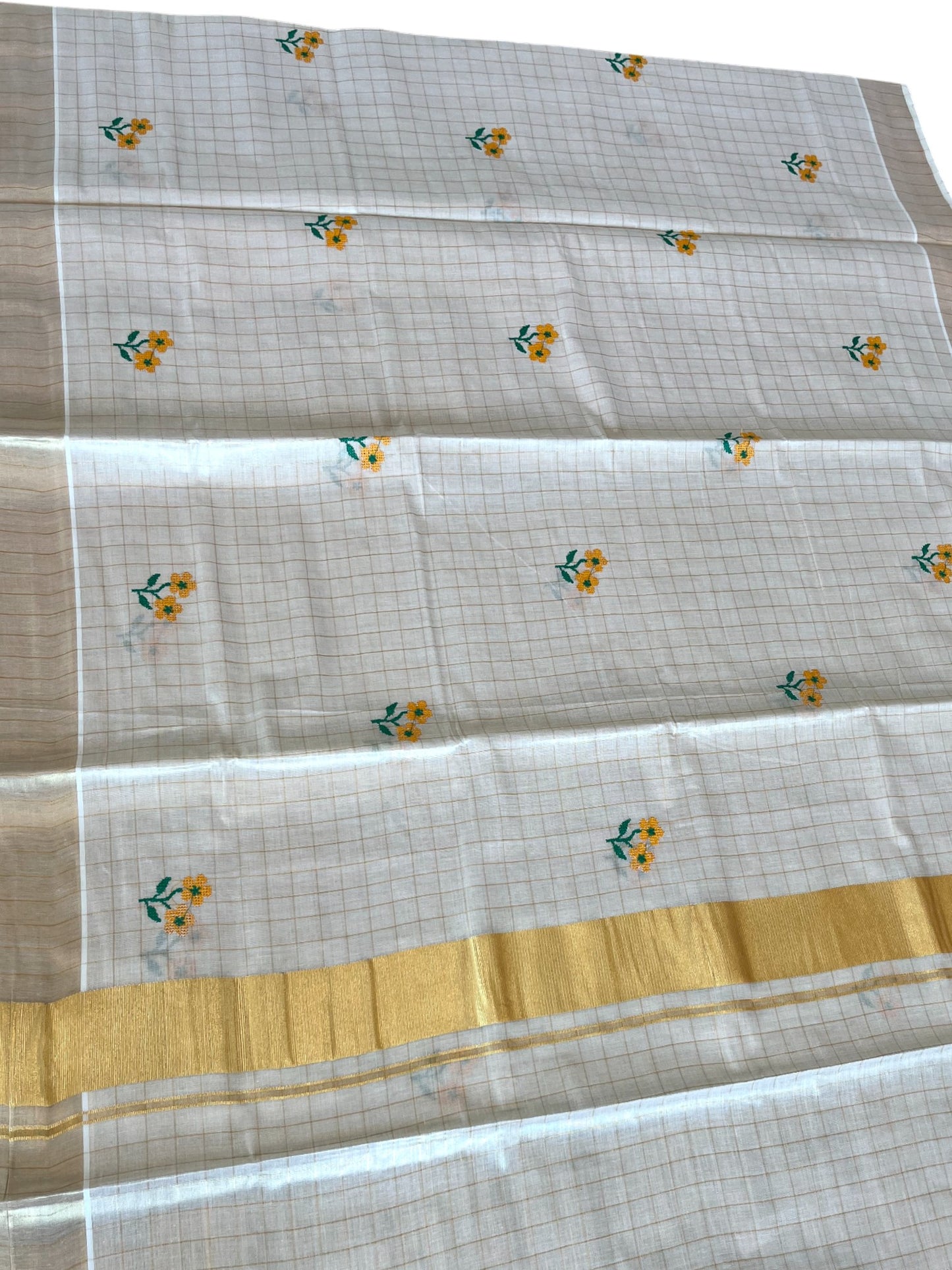 Southloom Kerala Tissue Kasavu Check Saree With Floral Embroidery Work