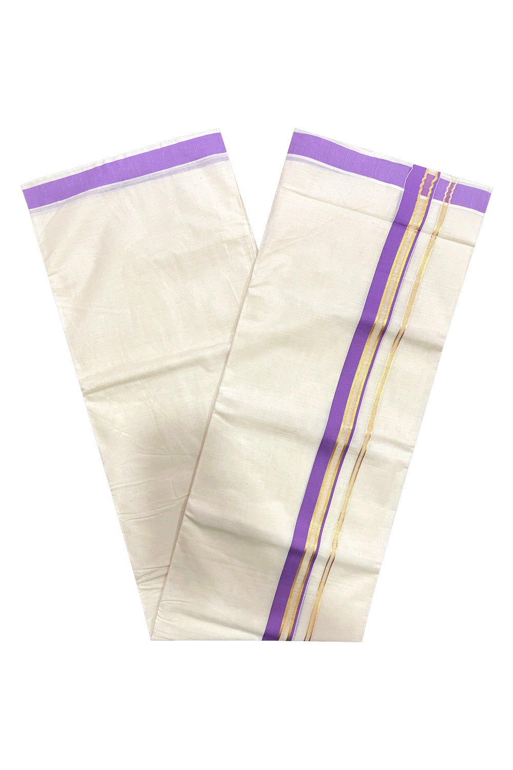 Kerala Pure Cotton Double Mundu with Violet and Kasavu Border (South Indian Kerala Dhoti)