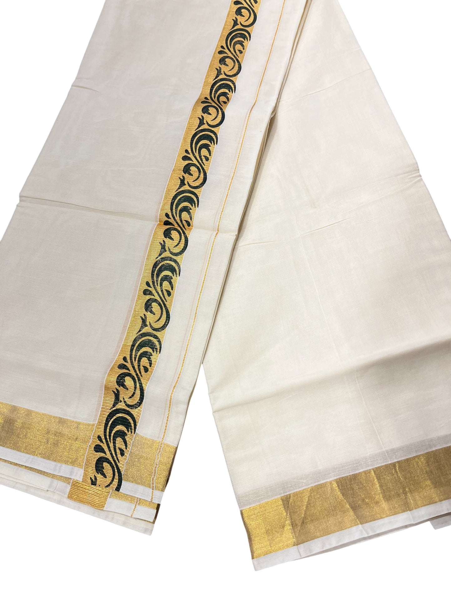 Southloom Kasavu Double Mundu with Green Prints Along Kasavu Kara