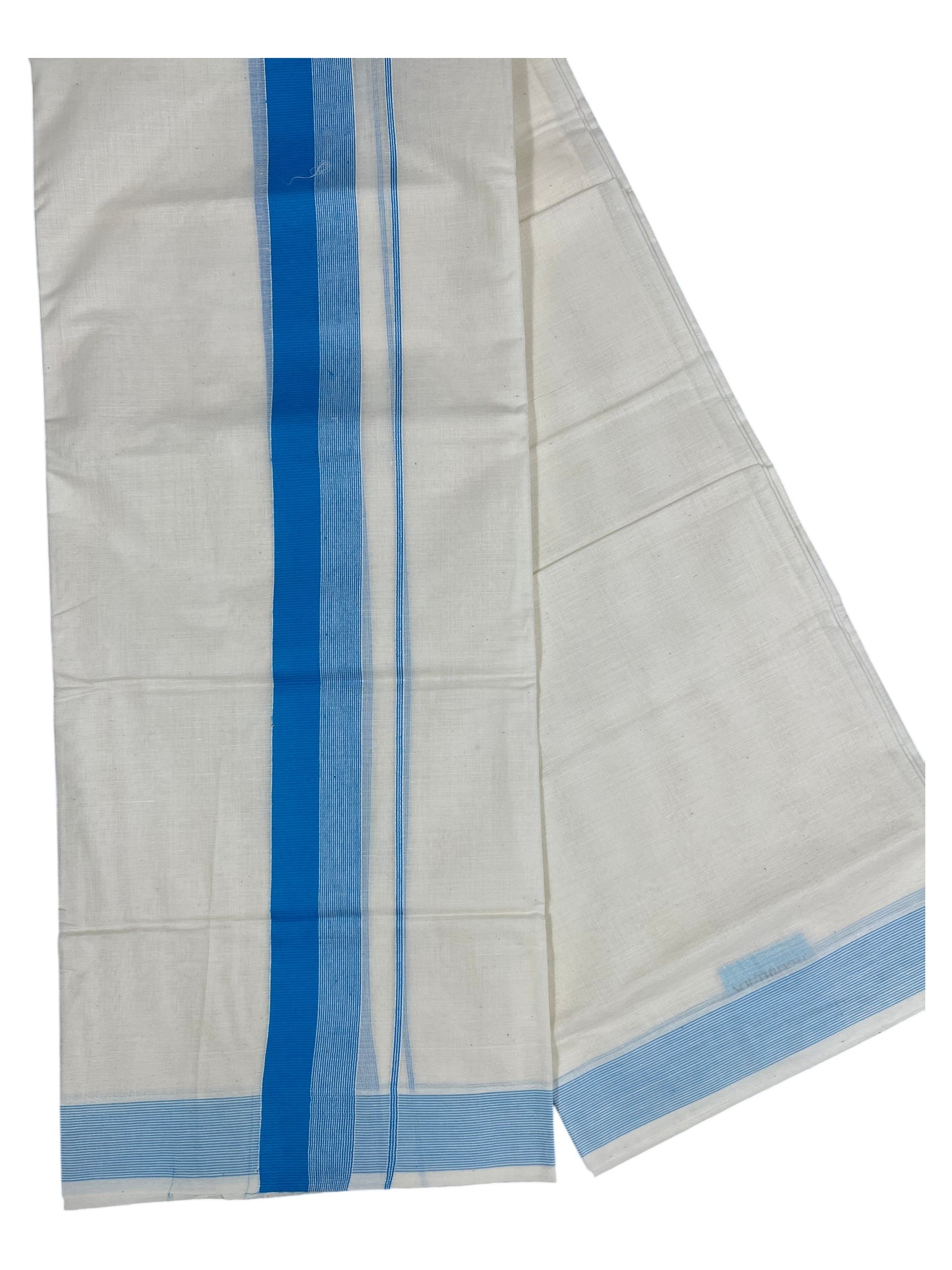 Southloom Kerala Pure Cotton Double Mundu with BLue Lines And Blue Border (South Indian Kerala Dhoti)