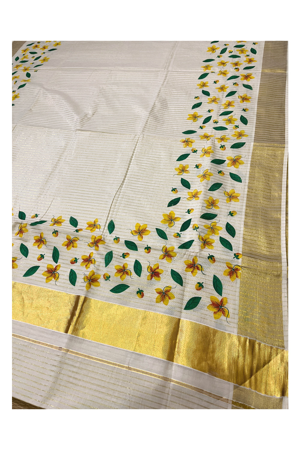 Southloom Exclusive Floral Printed Kasavu Lines Cotton Kerala Saree