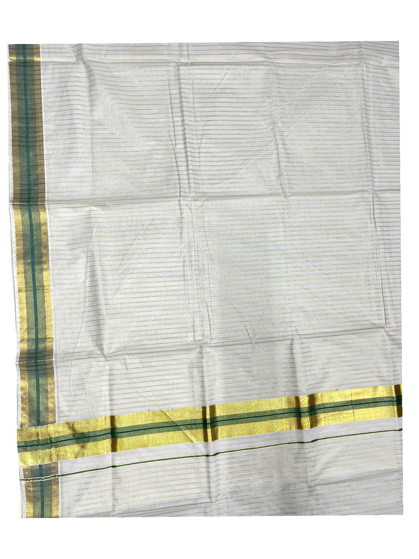 Southloom Pure Cotton Kerala Kasavu Lines Design Saree with Green Border