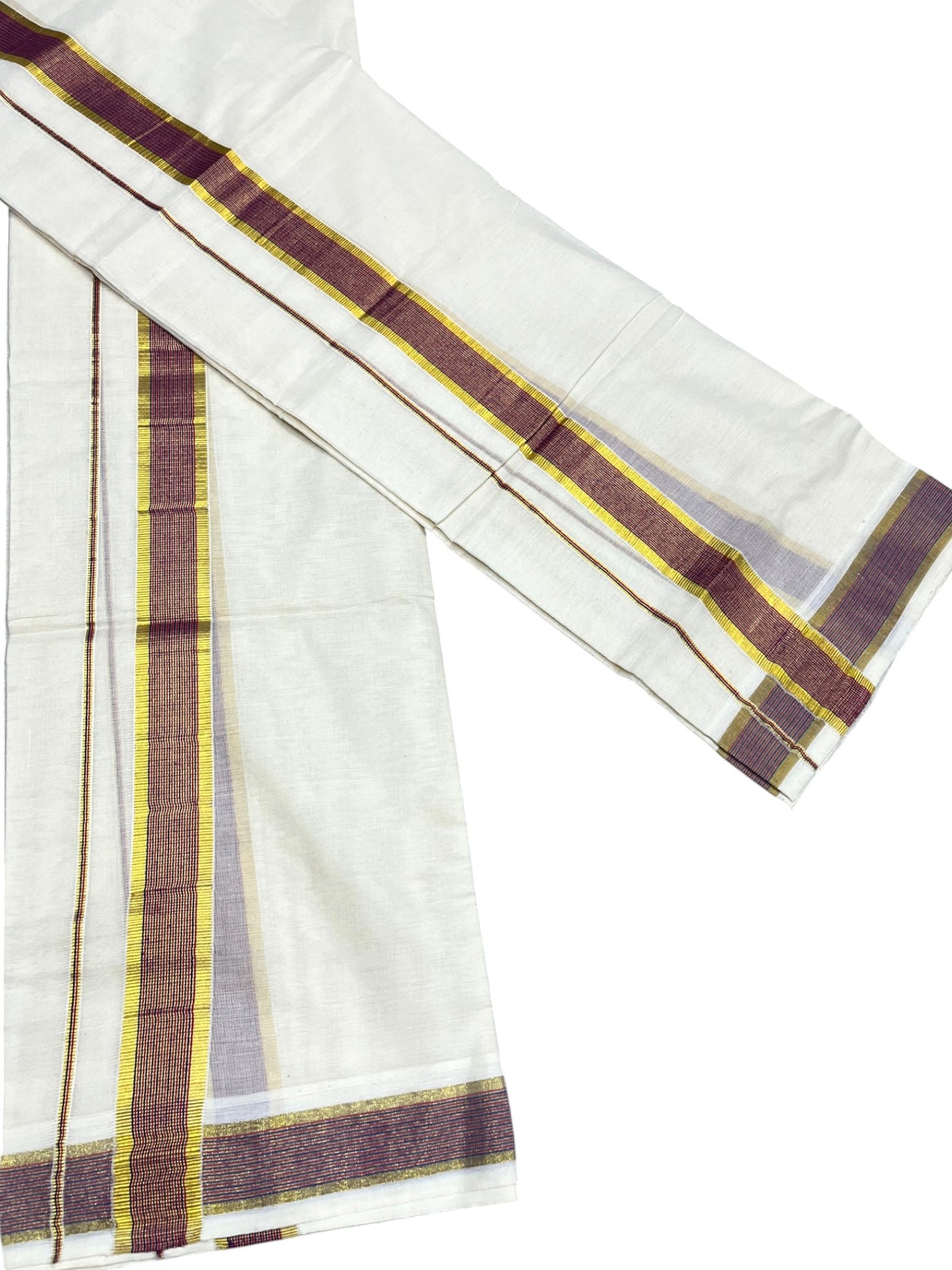Kerala Cotton Set Mundu (Mundum Neriyathum) with Kasavu and Blue & Pink Lines Border 2.80 Mtrs SLKK SL470