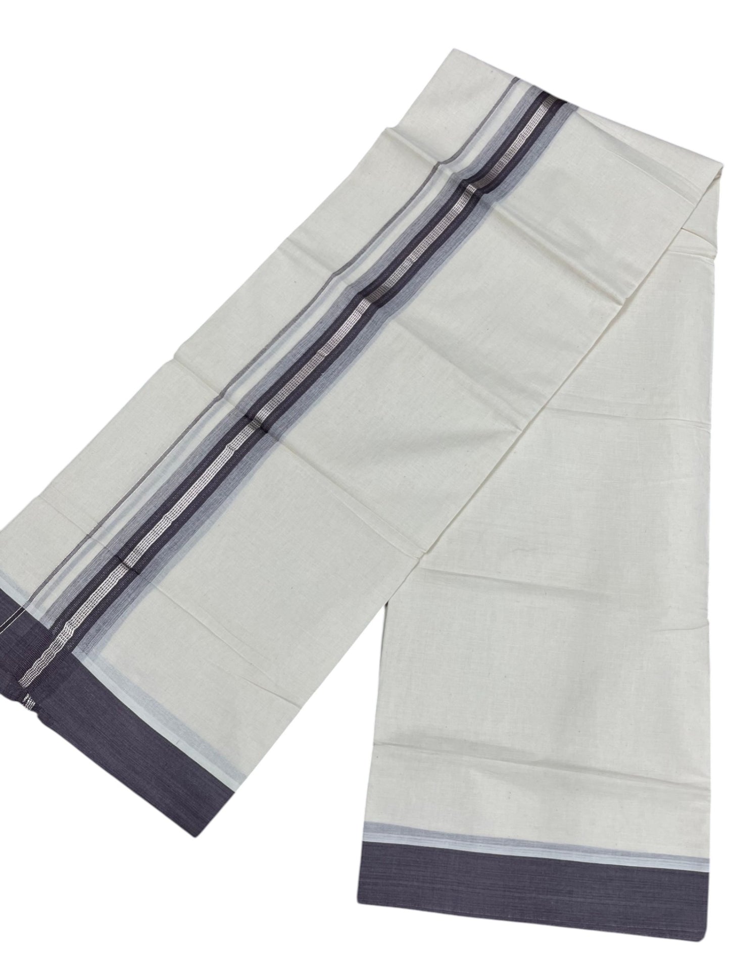 Southloom Kerala Pure Cotton Double Mundu with Silver Lines and Puple Border with (South Indian Dhoti)
