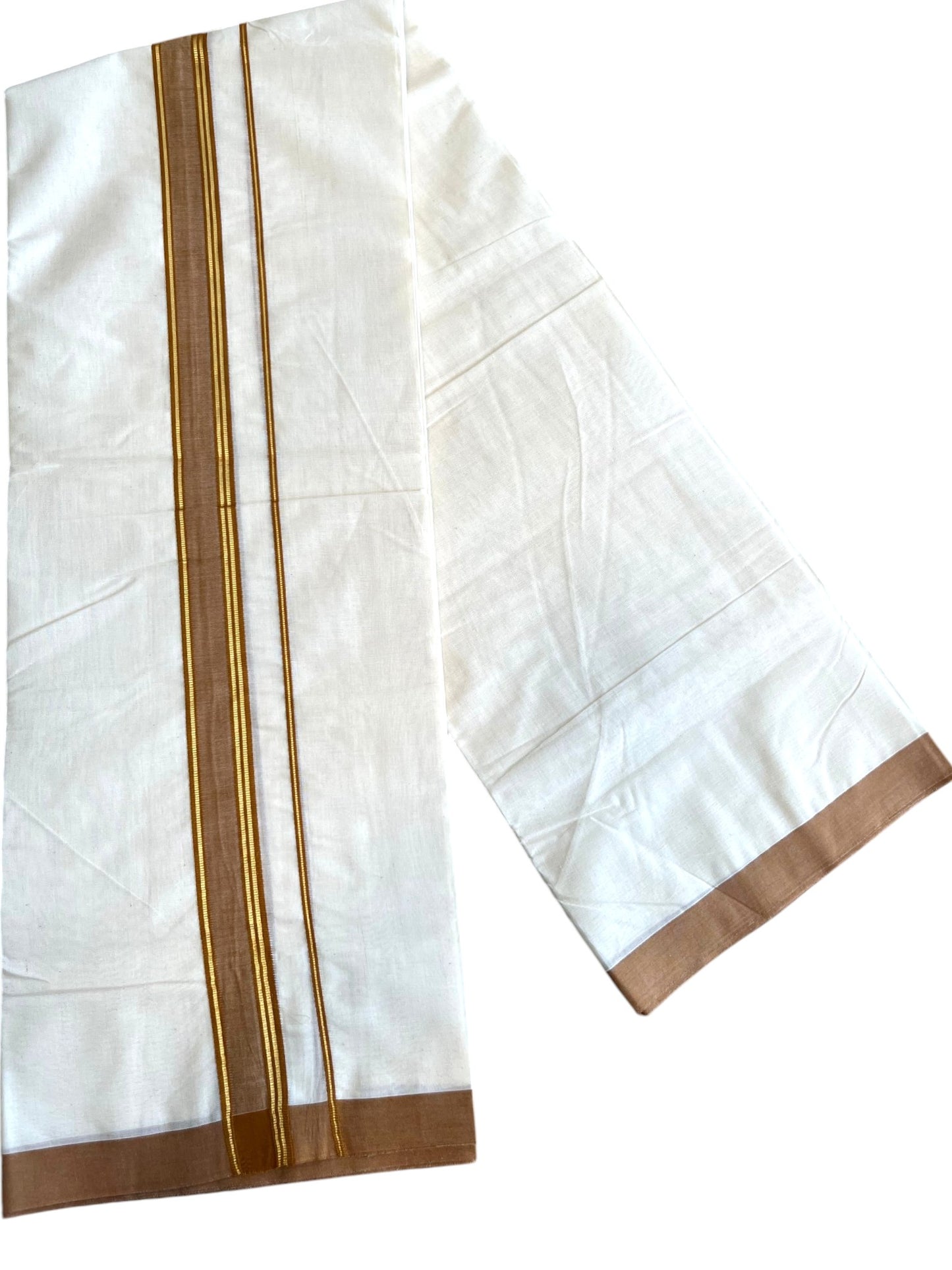Southloom Pure Cotton Mundu with Golden Lines and Brown Border (South Indian Kerala Dhoti)