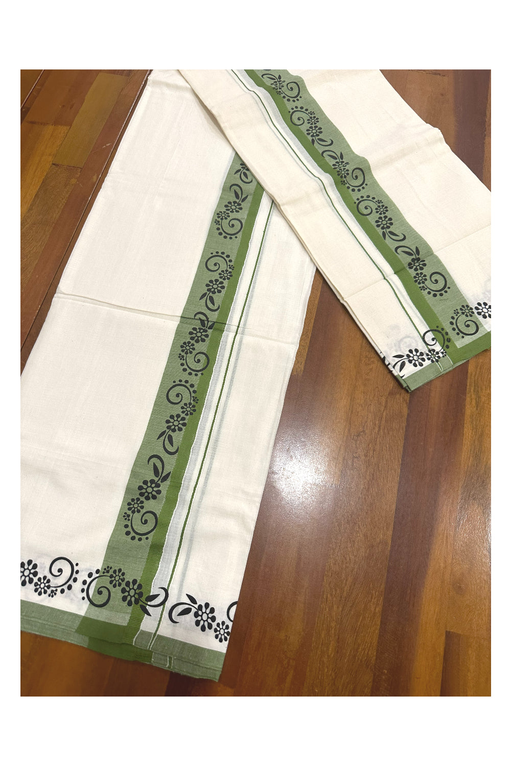 Kerala Cotton Set Mundu (Mundum Neriyathum) with Black Block Prints in Green Border