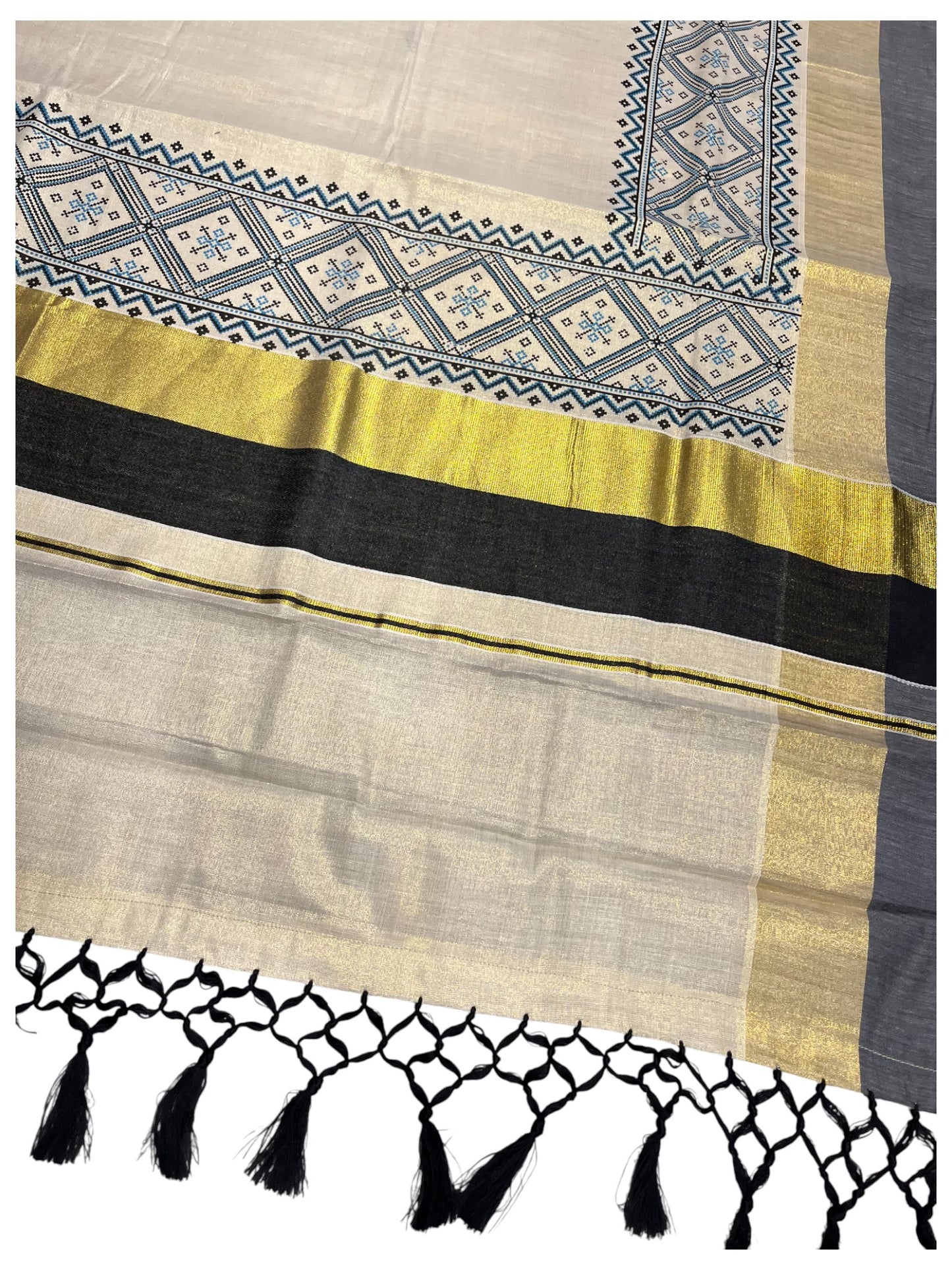 Southloom Kerala Tissue Kasavu Saree Black Hand Printed