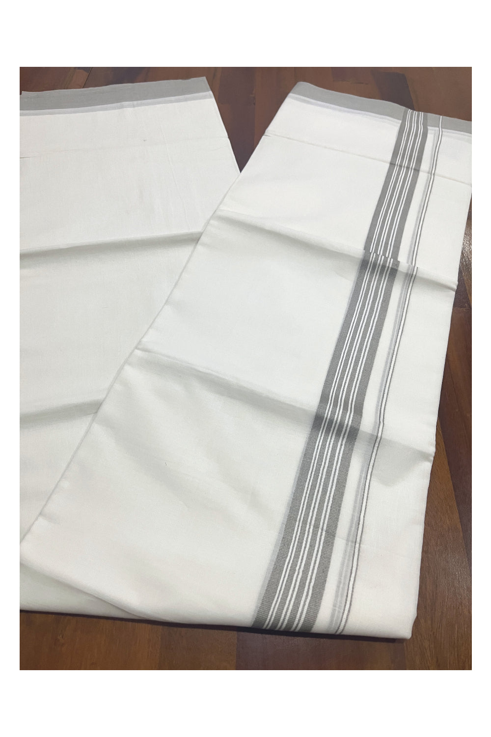 Pure White Cotton Double Mundu with Grey Lines Border (South Indian Kerala Dhoti)