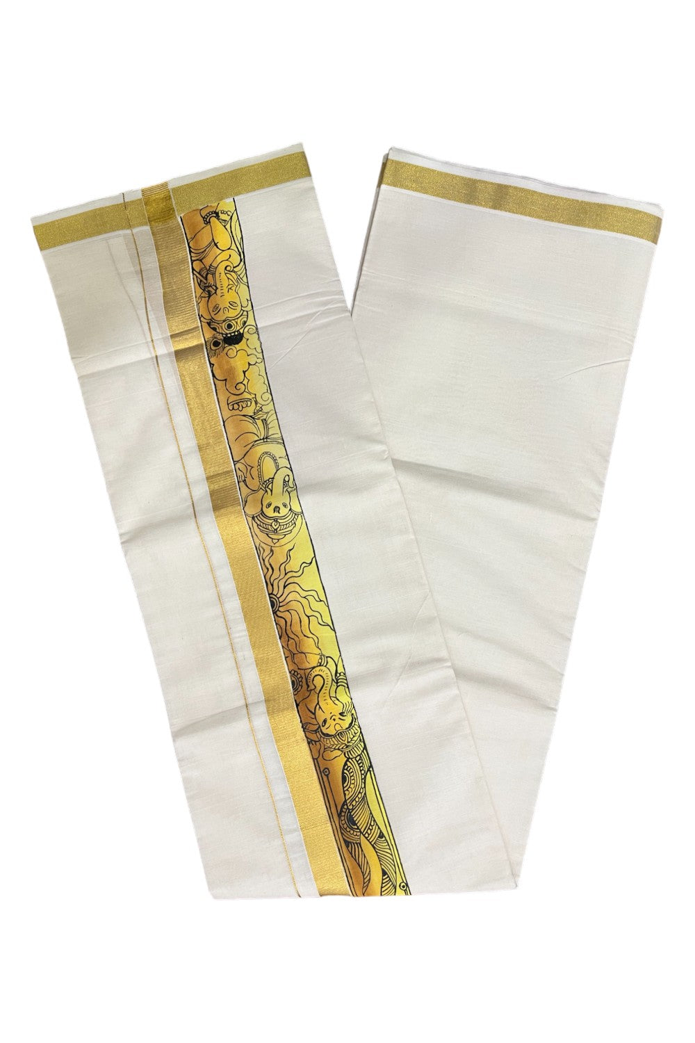 Kerala Pure Cotton Double Mundu with Ganesha Mural Hand Painted Design on Kasavu Border (South Indian Kerala Dhoti)