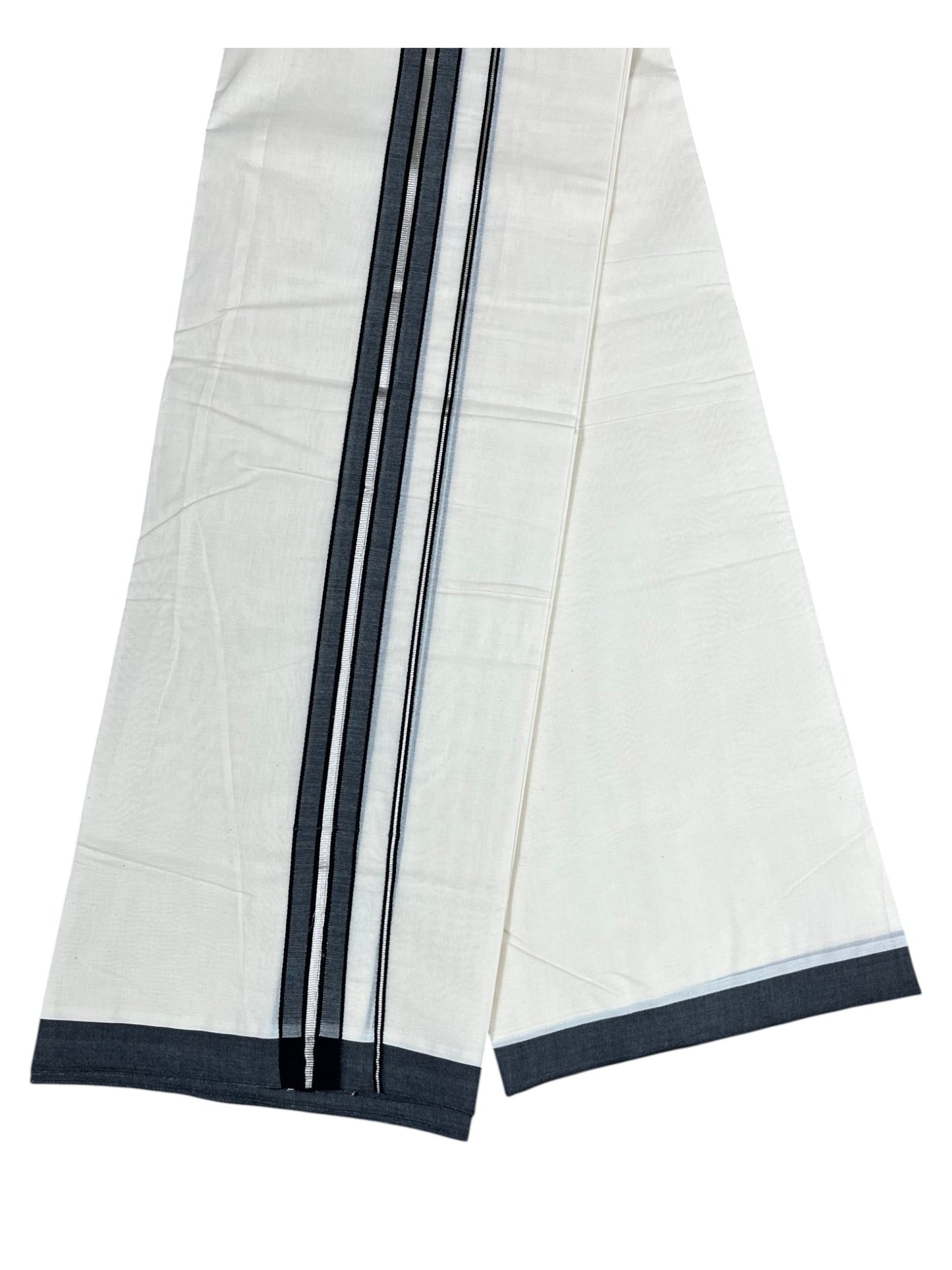 Southloom Pure Cotton Mundu with Silver Lines and Black Border (South Indian Kerala Dhoti)