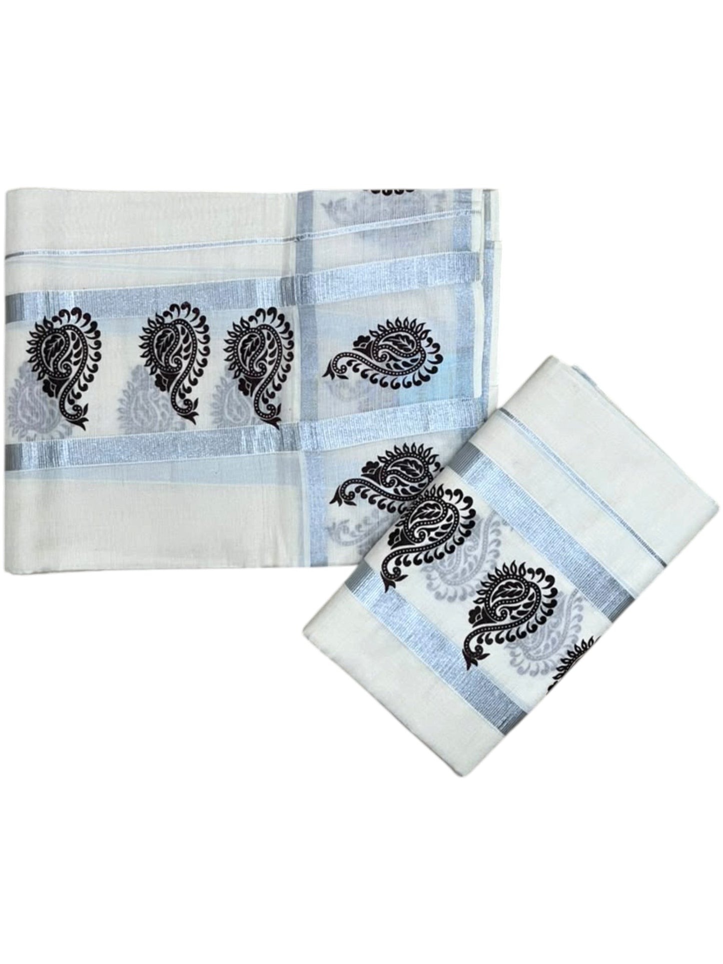 Southloom Kerala Pure Cotton Set Mundu Single (Mundum Neriyathum) with Silver & Black Border in 2.80 Mtrs SL570