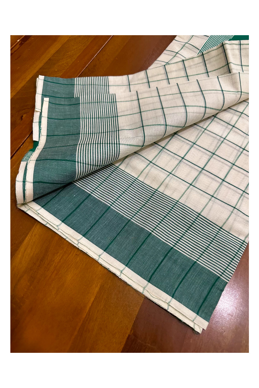 Pure Cotton Kerala Single Set Mundu (Mundum Neriyathum) with Green Check Designs on Body 2.80 Mtrs (Onam Collection 2024)