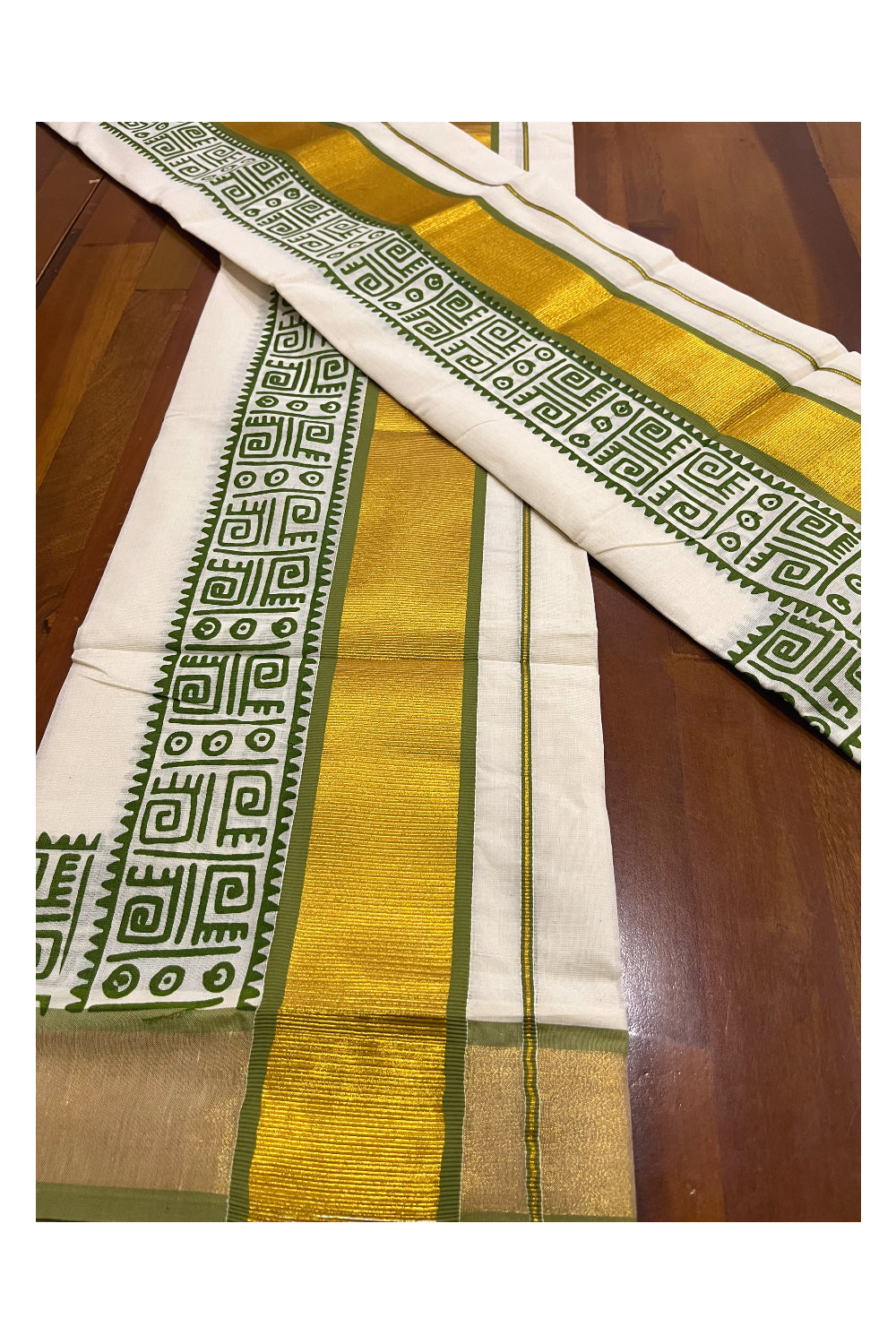 Pure Cotton Kerala Single Set Mundu (Mundum Neriyathum) with Green Block Printed Kasavu Border