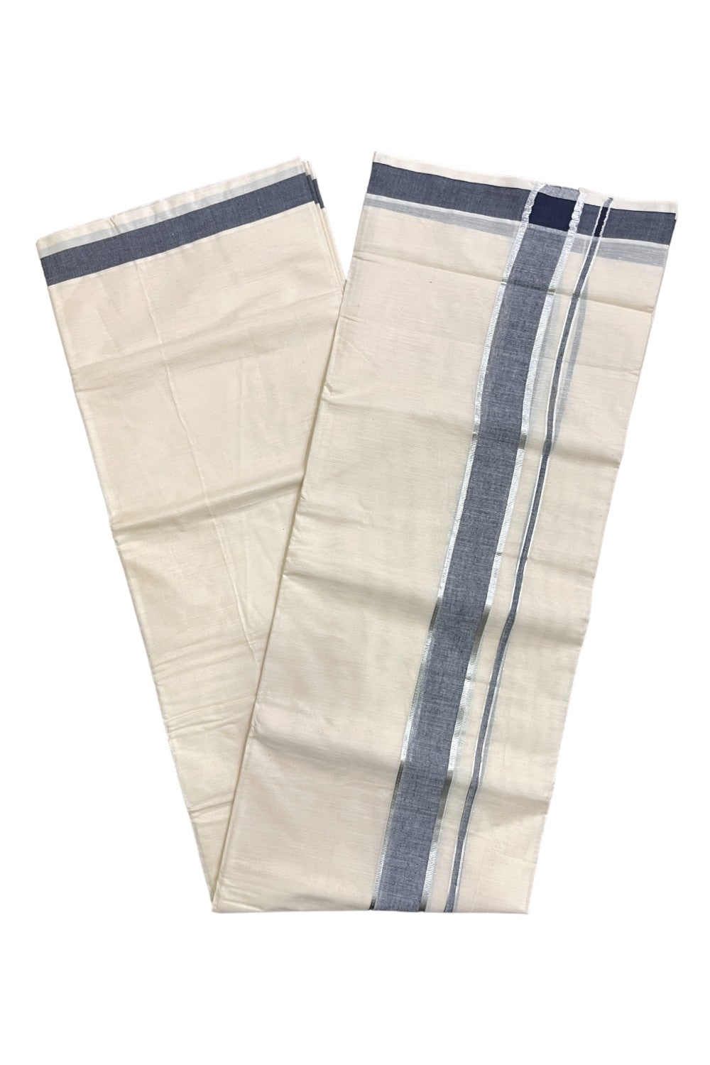 Kerala Pure Cotton Double Mundu with Dark Blue and Silver Kasavu Border (South Indian Kerala Dhoti)