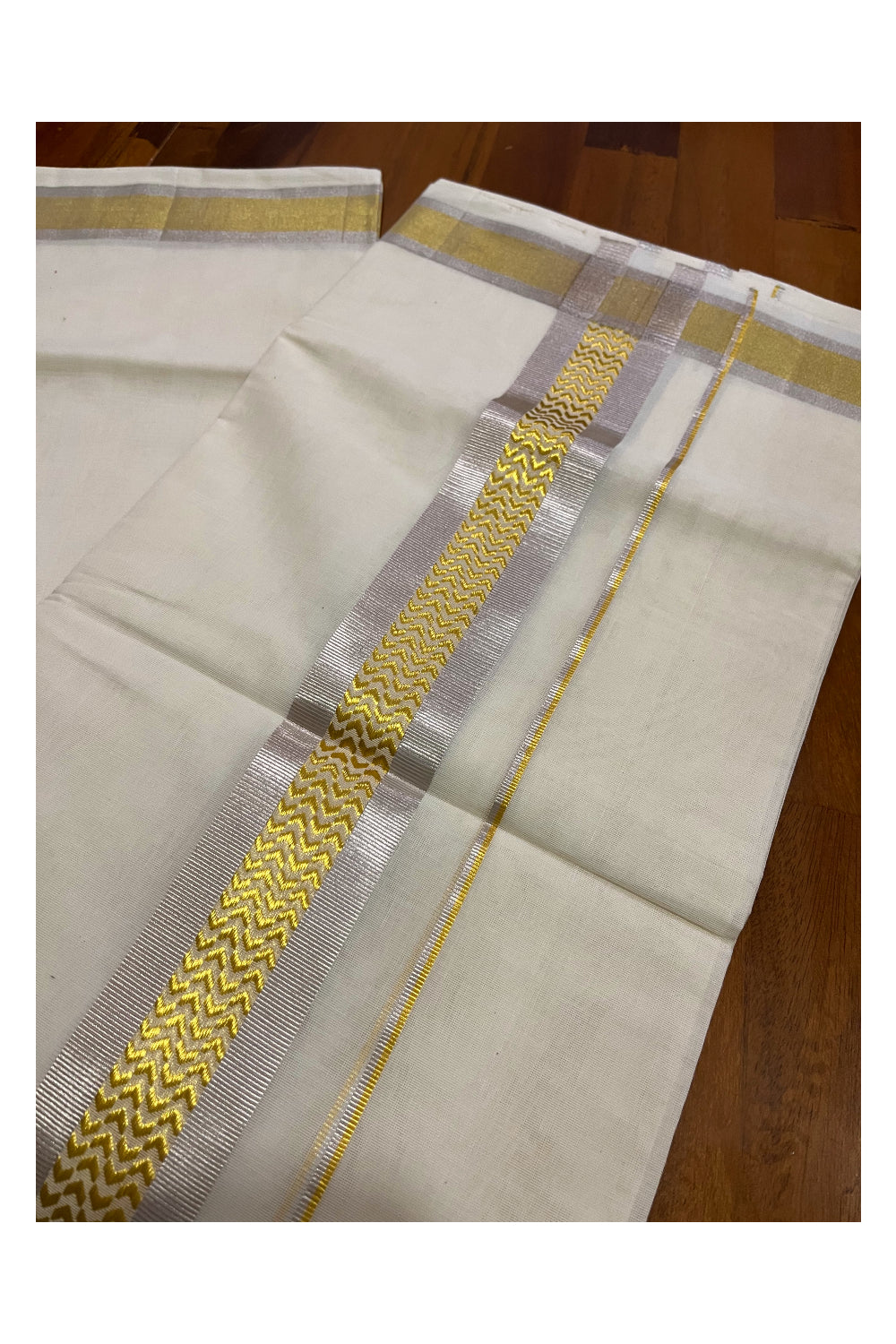 Southloom Premium Handloom Cotton Mundu with Silver and Golden Kasavu Woven Border (Onam Mundu 2023)