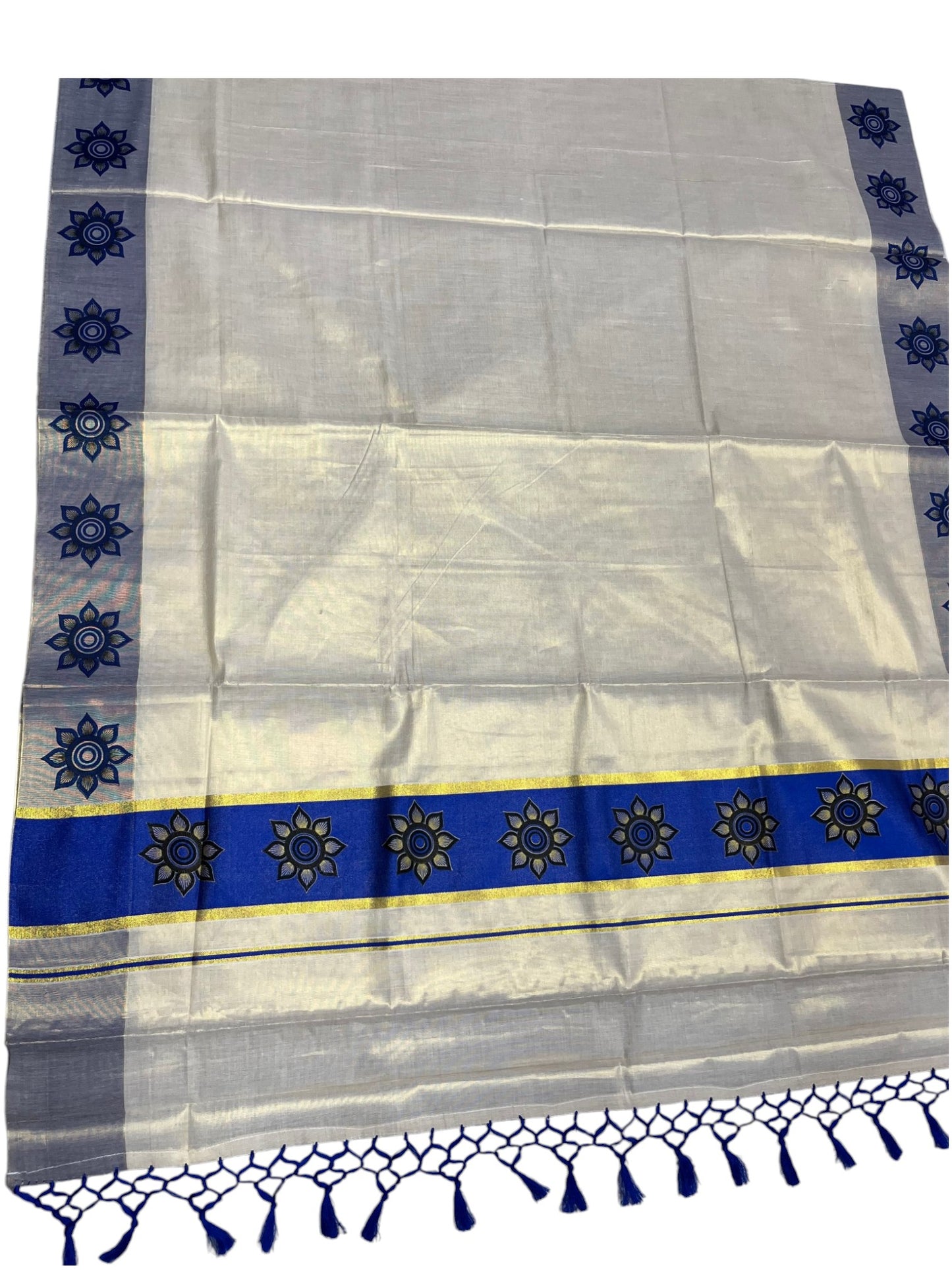 Southloom Kerala Tissue Kasavu Saree with Floral Block Prints in Blue Border