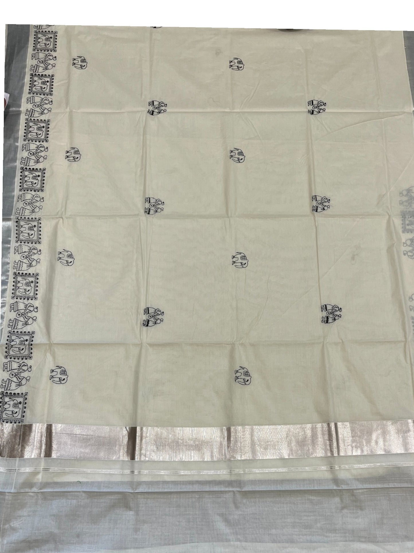 Kerala Cotton Silver Kasavu Saree With Mural Festival Parasol Plain And Black Elephant Design And Embroidery Work