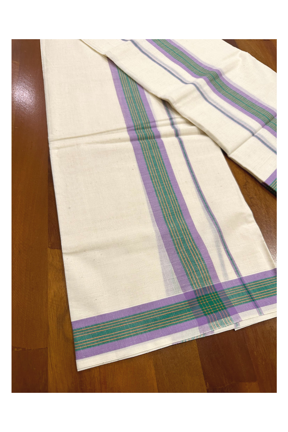 Kerala Mulloth Soft Cotton Mundum Neriyathum Single with Violet and Green Border (Onam Set Mundu 2023)