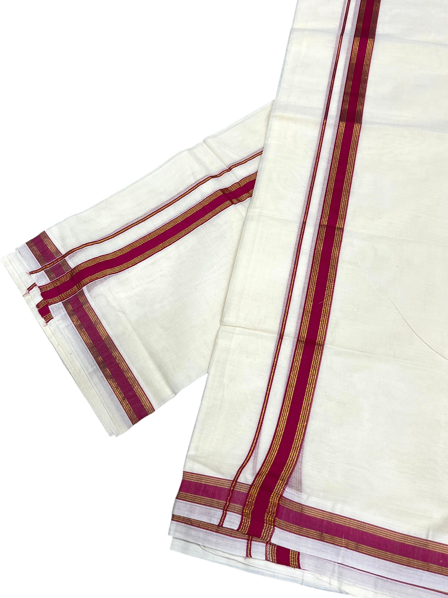 Southloom Pure Cotton Kerala Single Set Mundu (Mundum Neriyathum) with Magenta Kasavu Border in 2.80 Mtrs