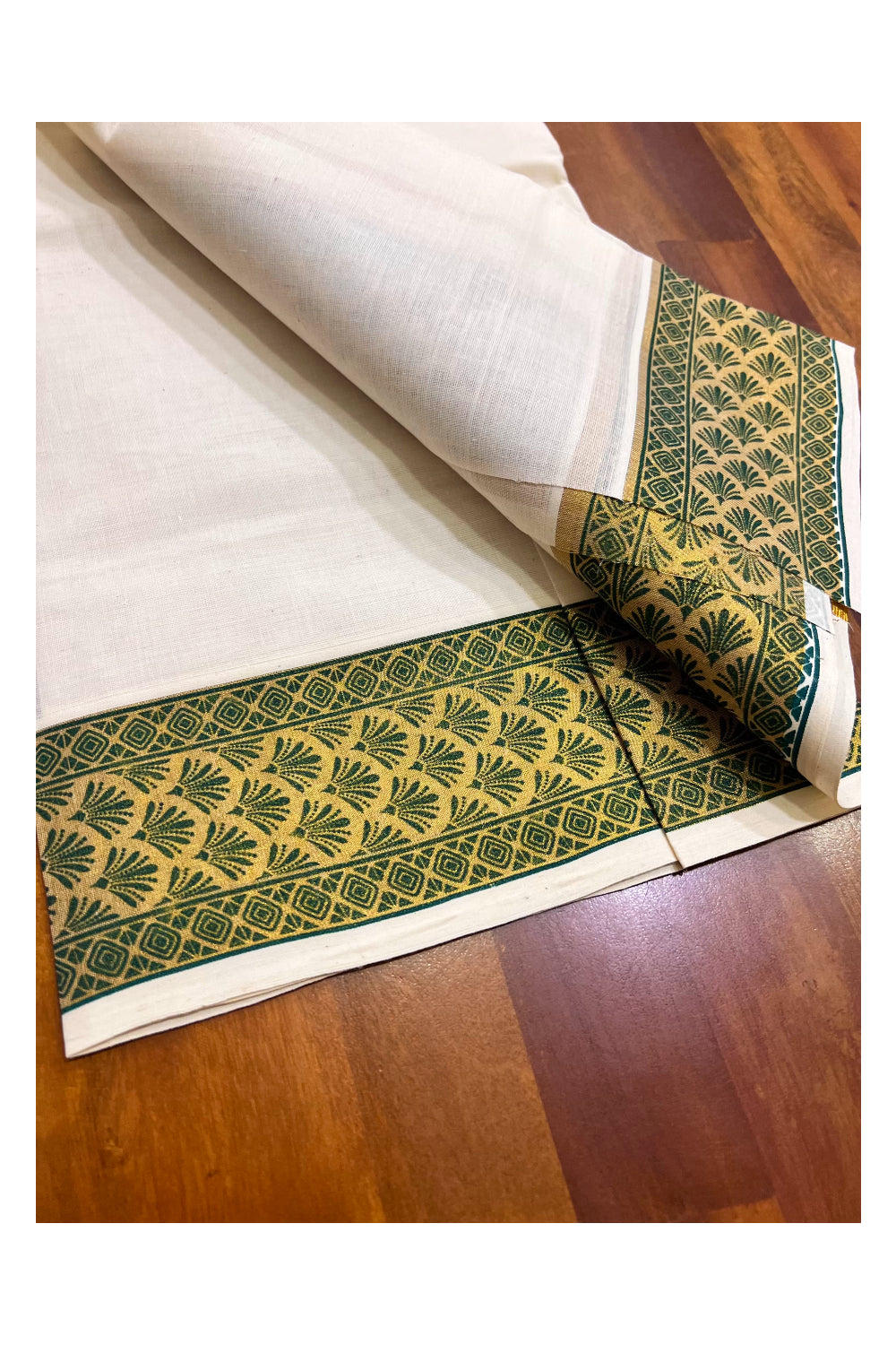 Kerala Pure Cotton Set Mundu Single (Mundum Neriyathum) with Green Block Prints on Kasavu Border