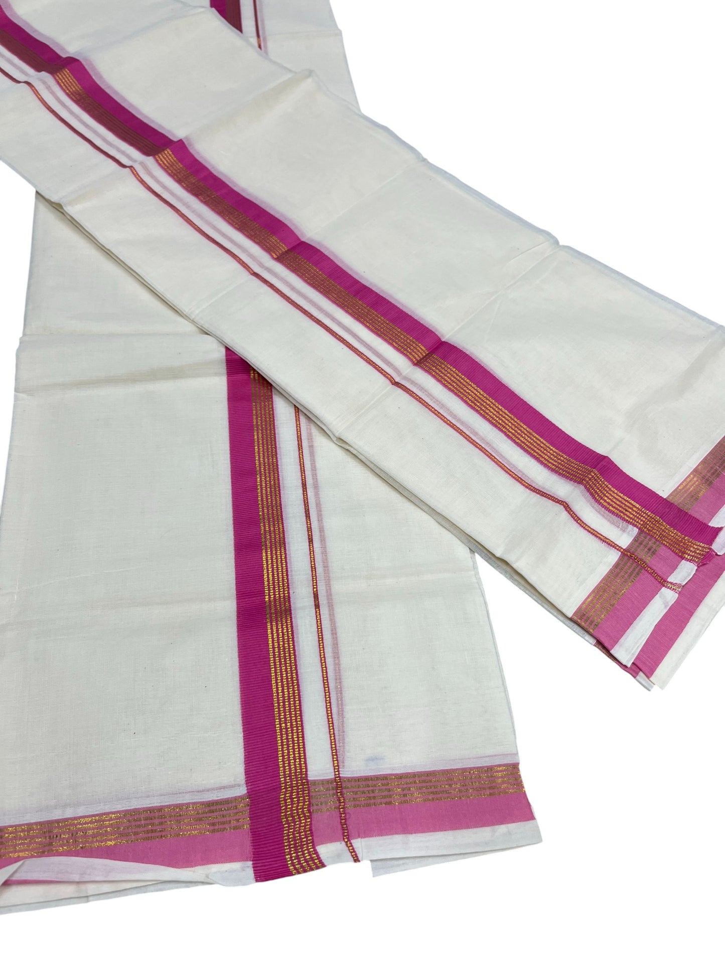 Pure Cotton Kerala Single Set Mundu (Mundum Neriyathum) with Pink Kasavu Border in 2.80 Mtrs