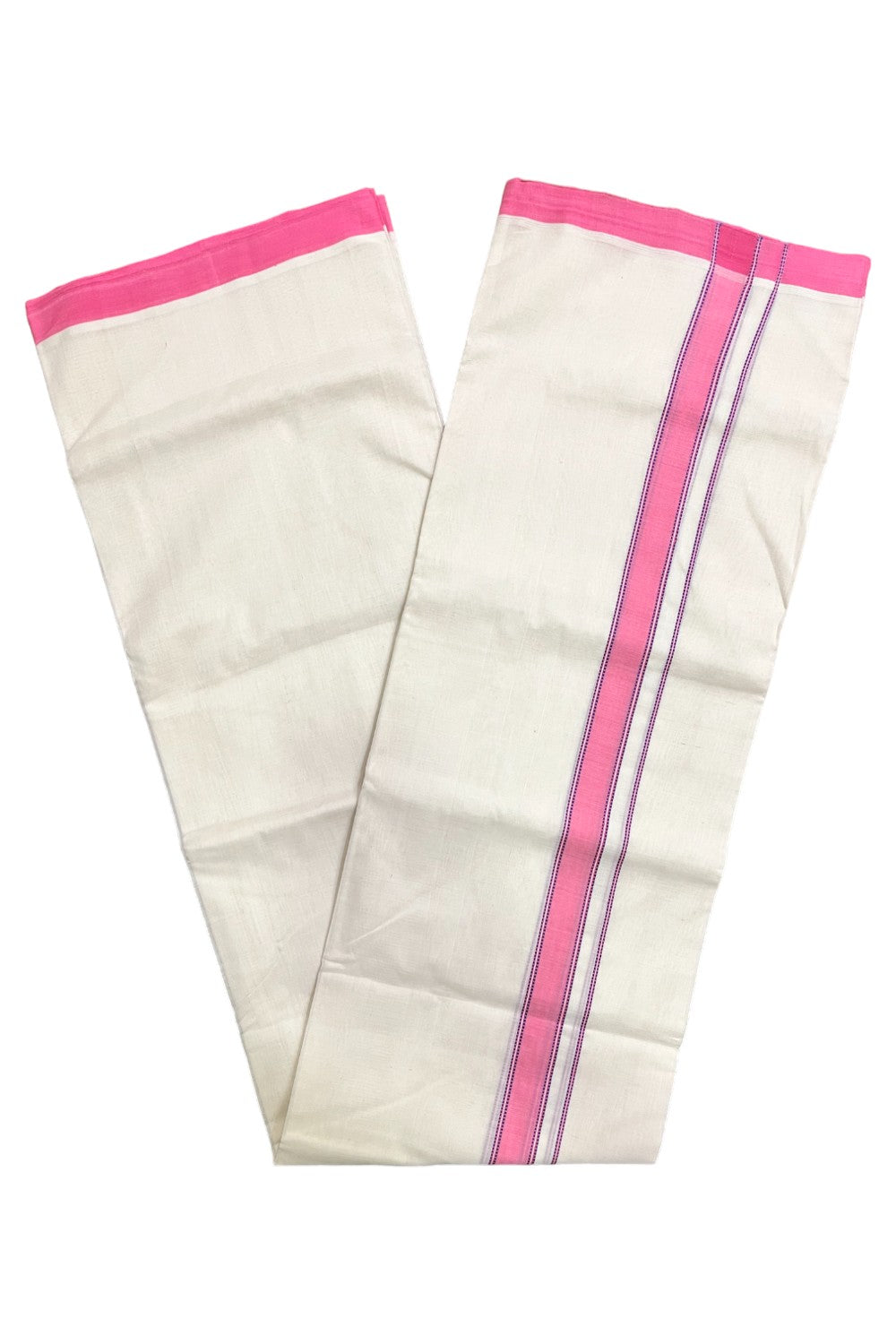 Premium Balaramapuram Handloom Unakkupaavu Cotton Double Mundu with Pink Border (Vishu 2024 Collection)