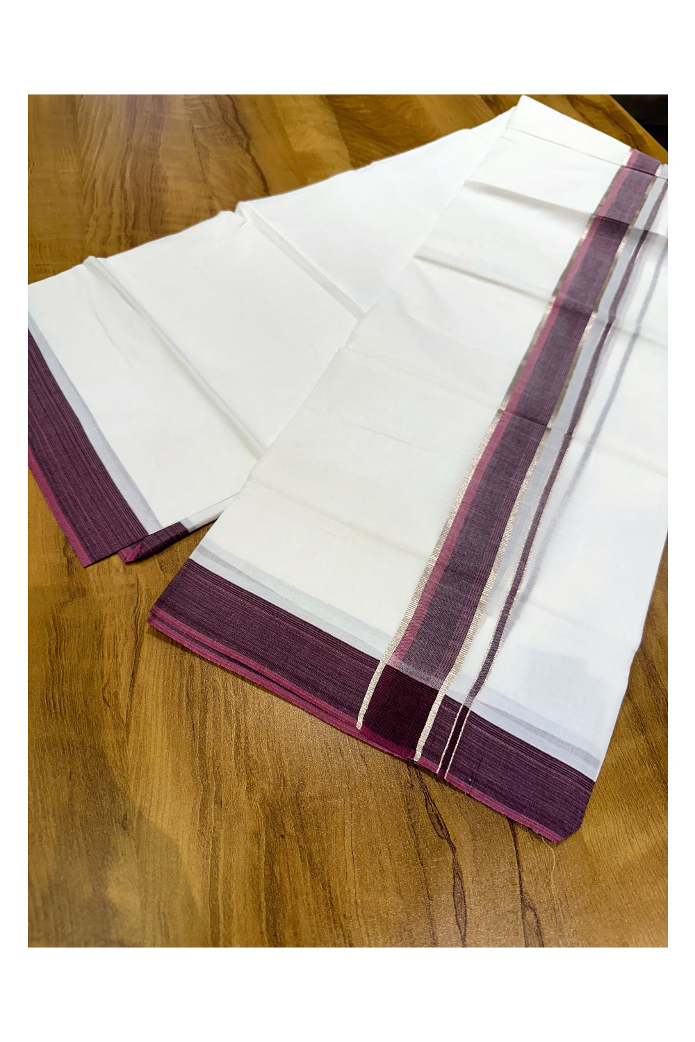 Pure White Cotton Double Mundu with Black Maroon and Silver Kasavu Border (South Indian Kerala Dhoti)