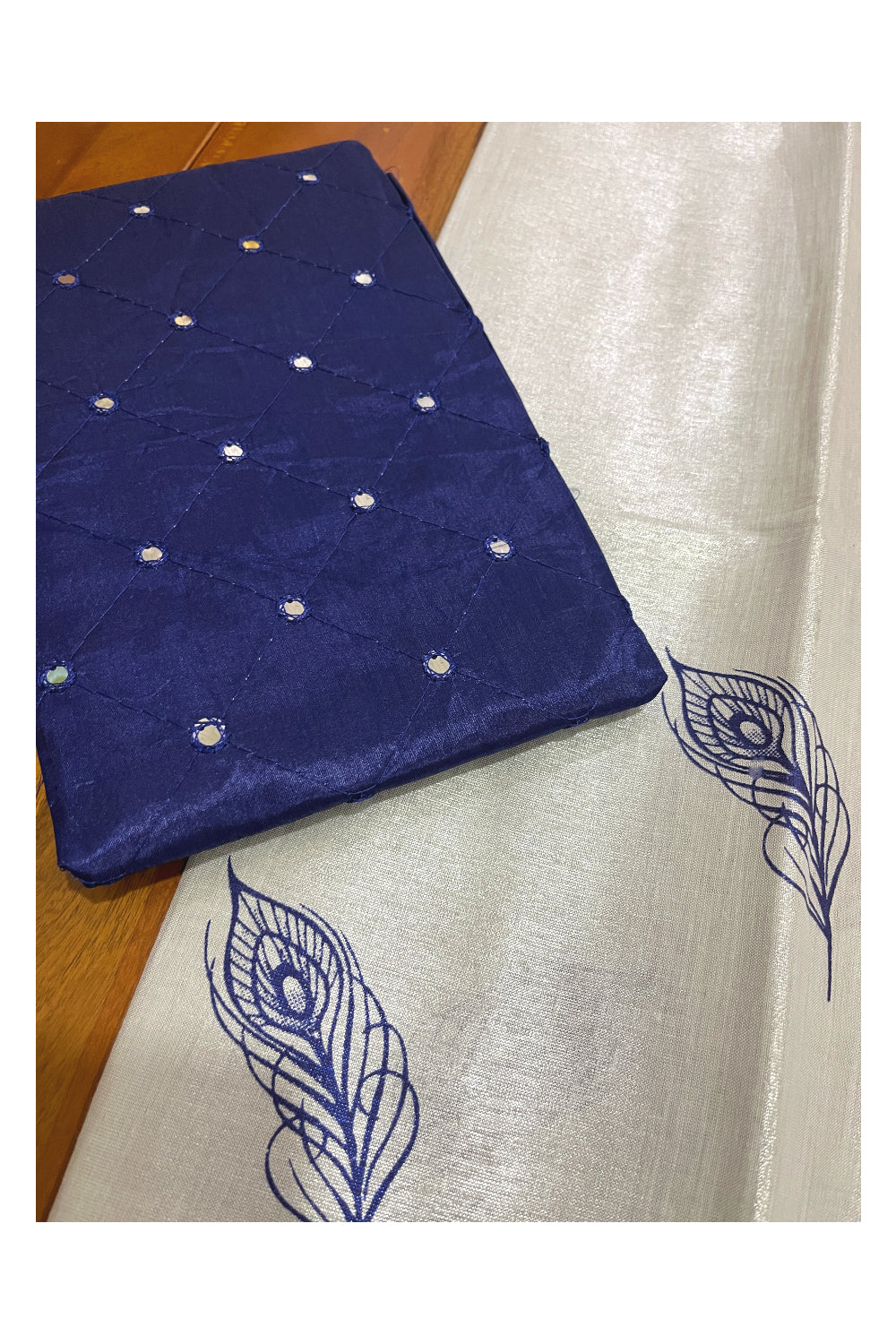 Kerala Silver Tissue Block Printed Pavada and Blue Designer Blouse Material for Kids/Girls 4.3 Meters