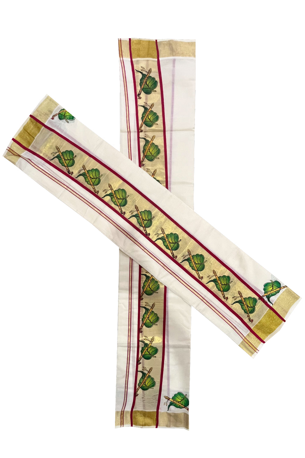 Kerala Cotton Single Set Mundu (Mundum Neriyathum) with Leaf and Flute Block Prints on Kasavu Maroon Border