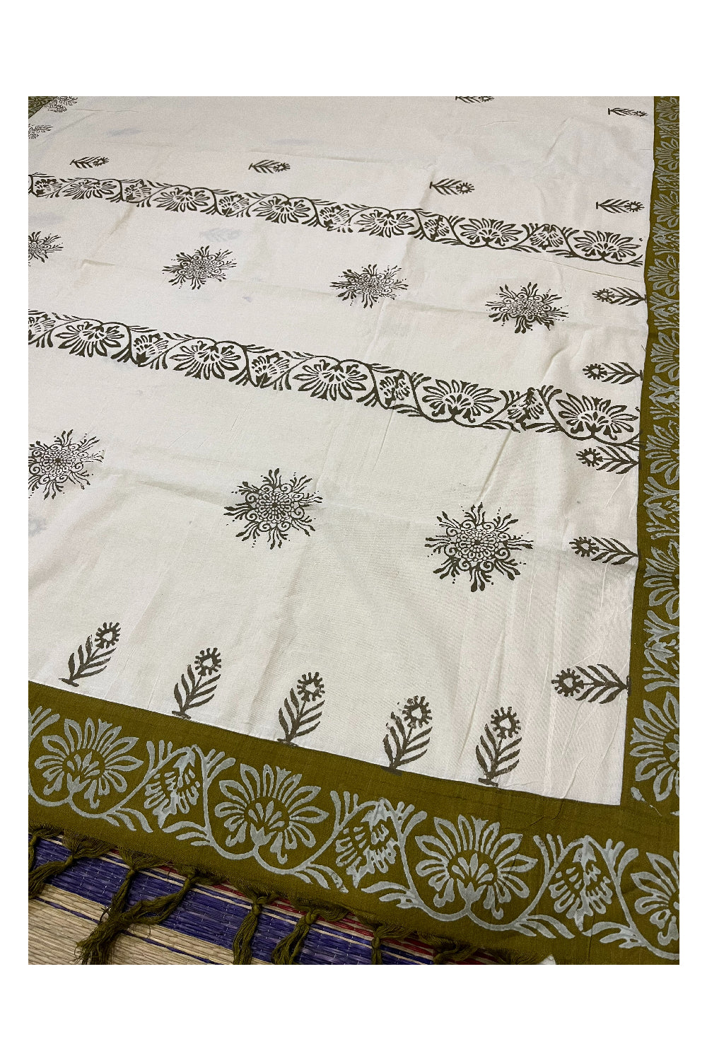 Pure Cotton Onam 2023 Kerala Saree with Hand Block Olive Green Batik Prints