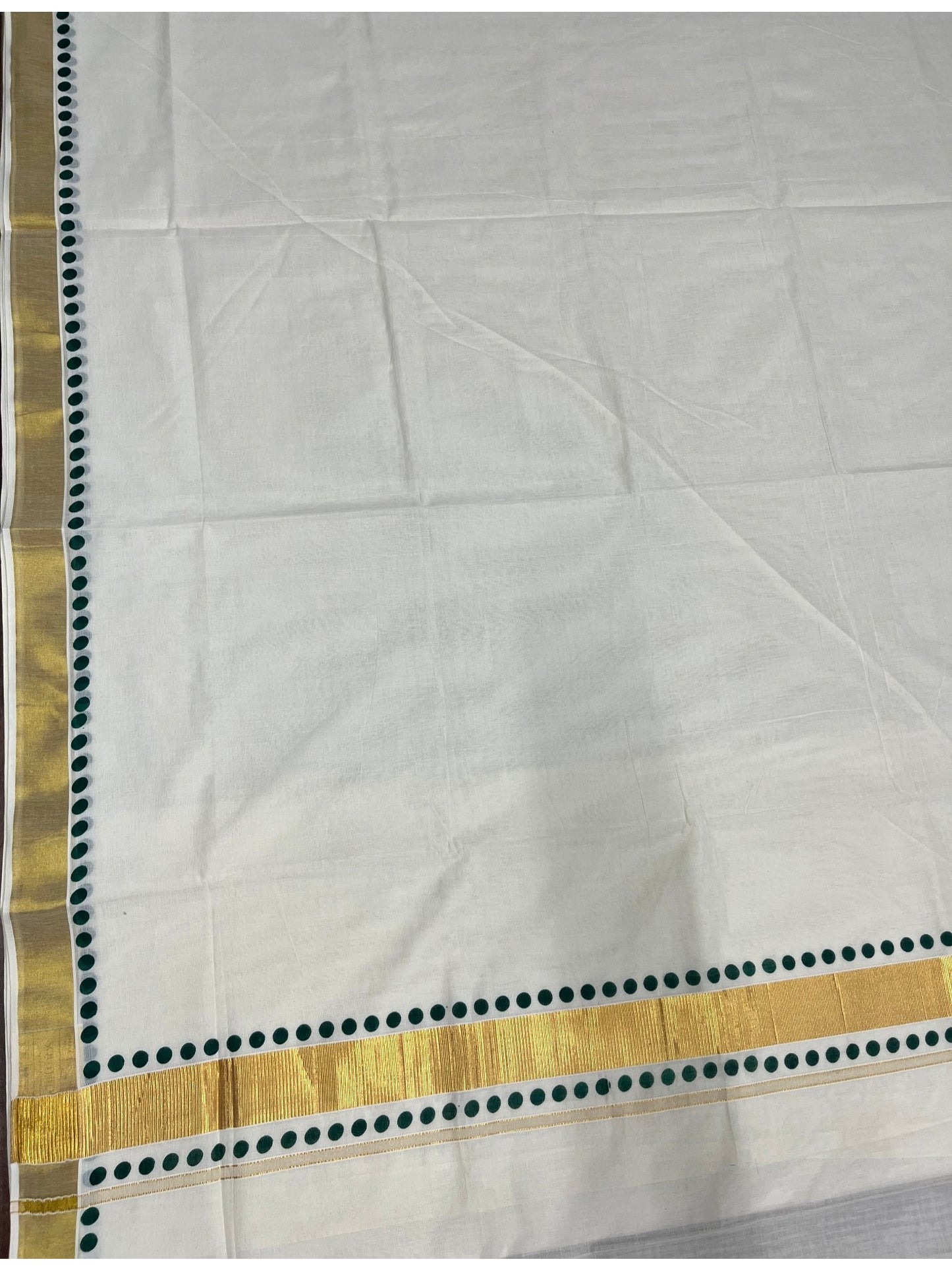 Southloom Cotton Kerala Kasavu Saree with Green Polk Dots Design Border
