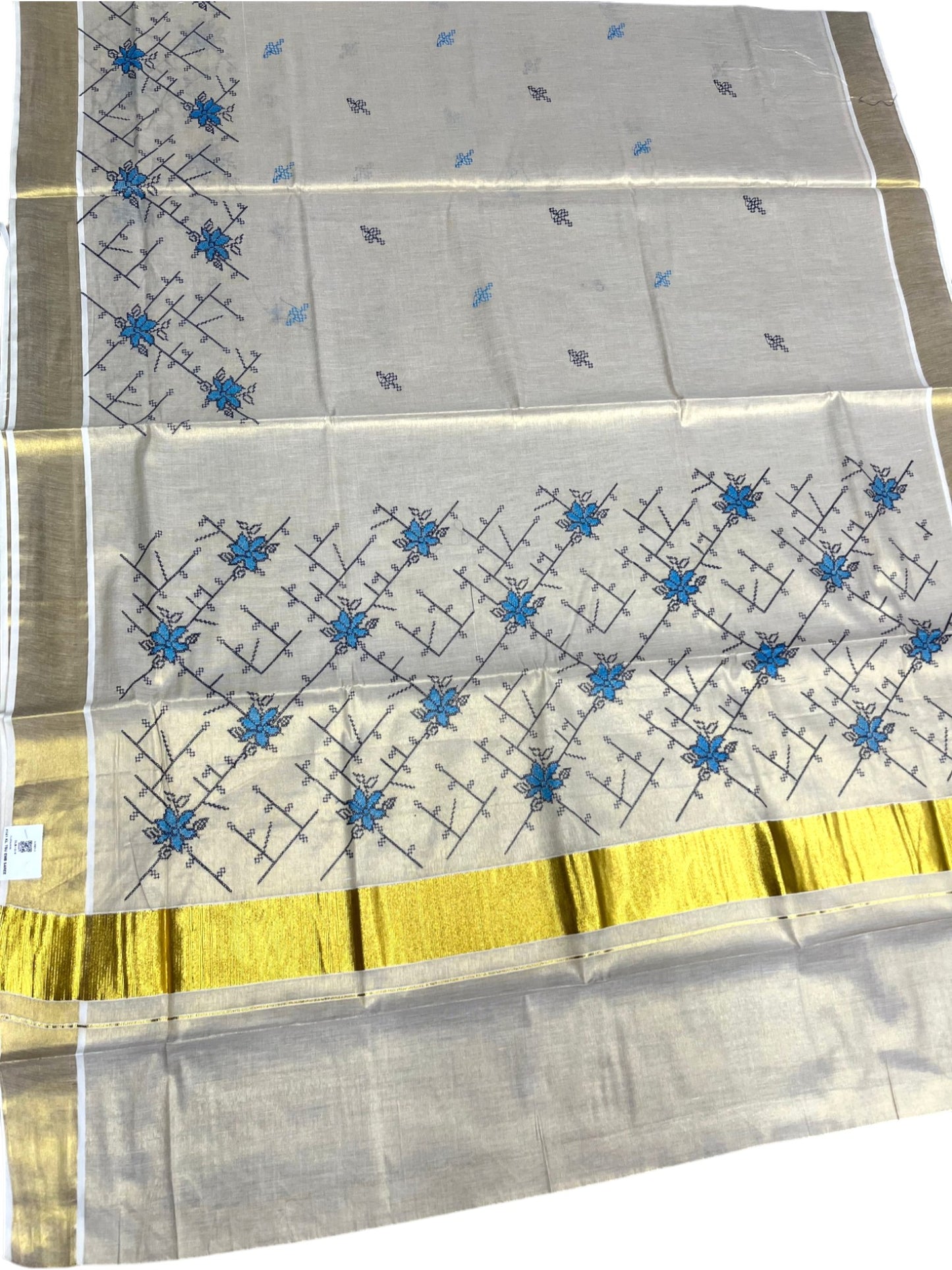 Southloom Tissue Kerala Kasavu Saree with Floral Embroidery Work on Body in Blue