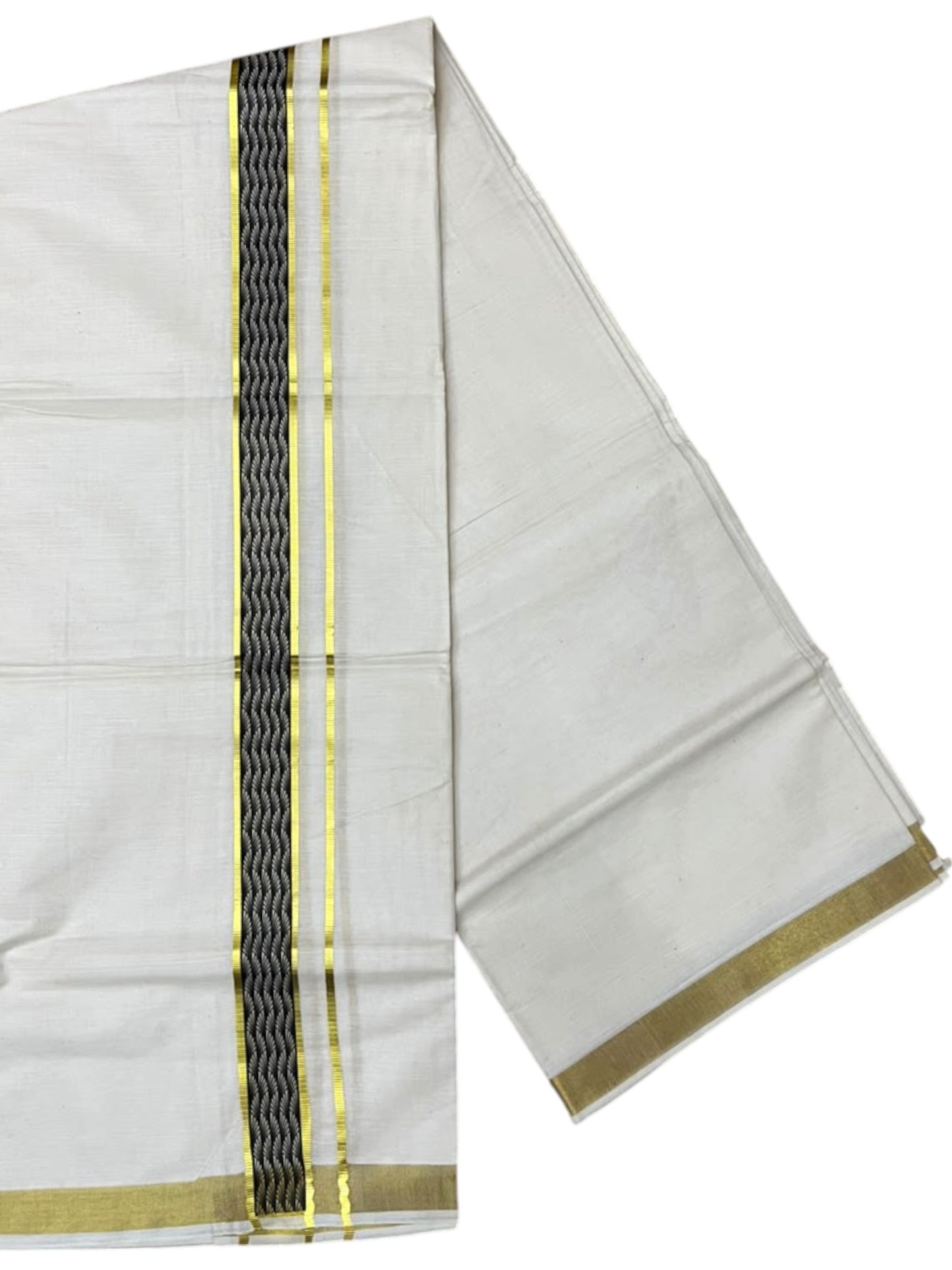 Southloom Pure Cotton Double Mundu with Black Block Printed And Ksavu Border (South Indian Kerala Dhoti)