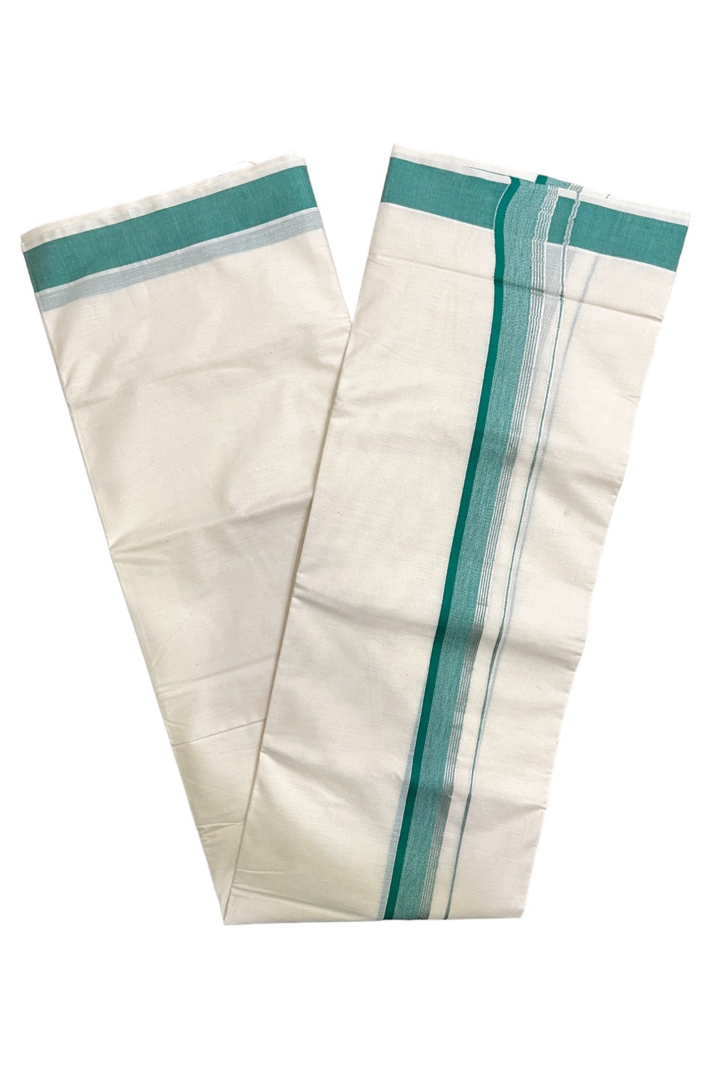 Kerala Pure Cotton Double Mundu with Green and Silver Kasavu Line Border (South Indian Kerala Dhoti)