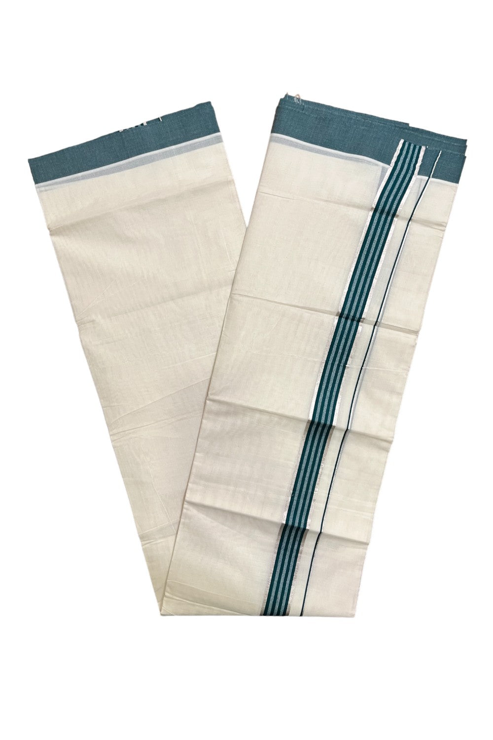 Kerala Pure Cotton Double Mundu with Silver Kasavu and Dark Green Border (South Indian Kerala Dhoti)