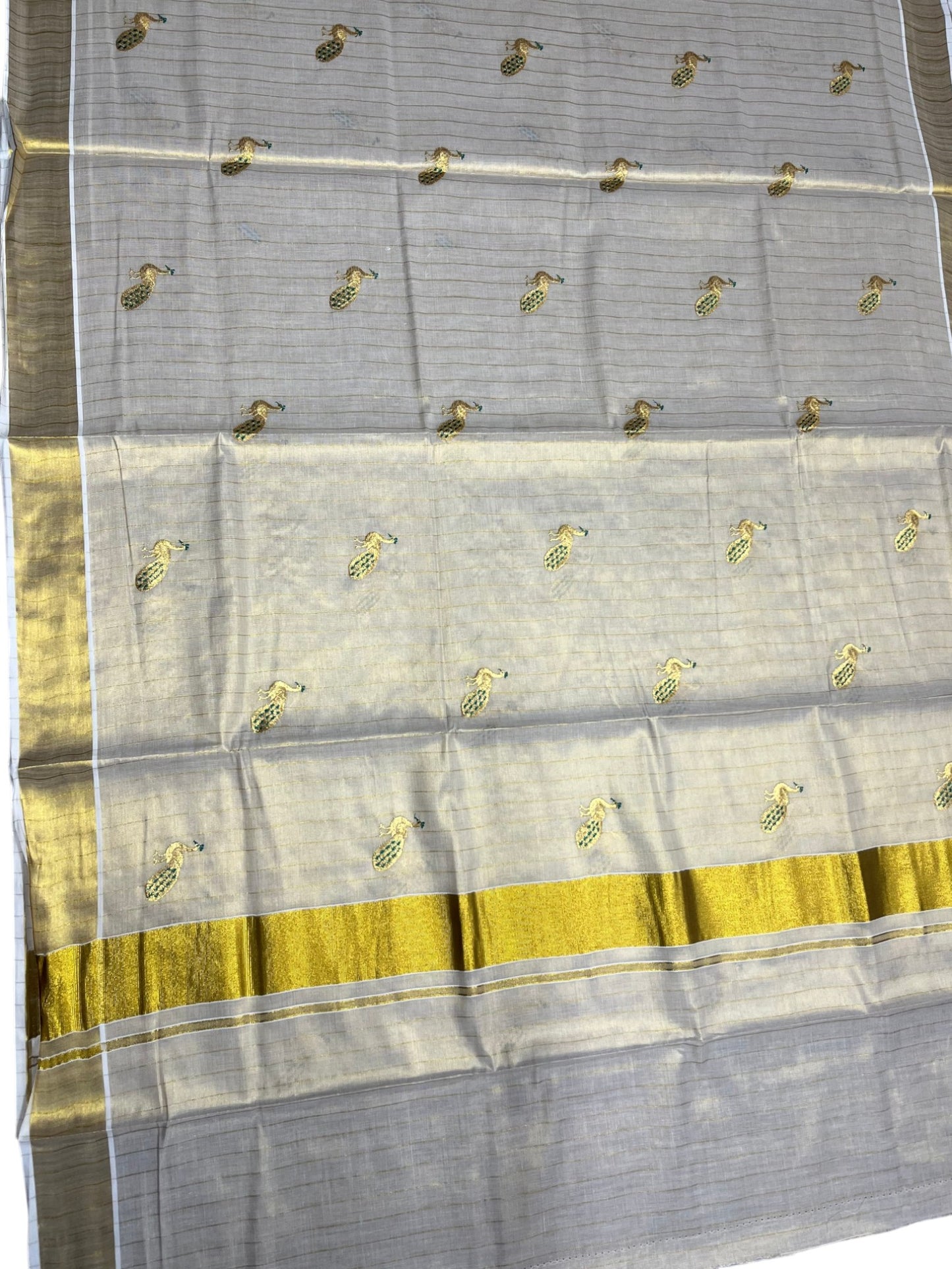 Southloom Tissue Kerala Kasavu Lines Saree with Peacock Embroidery Work on Body in Peacock Green