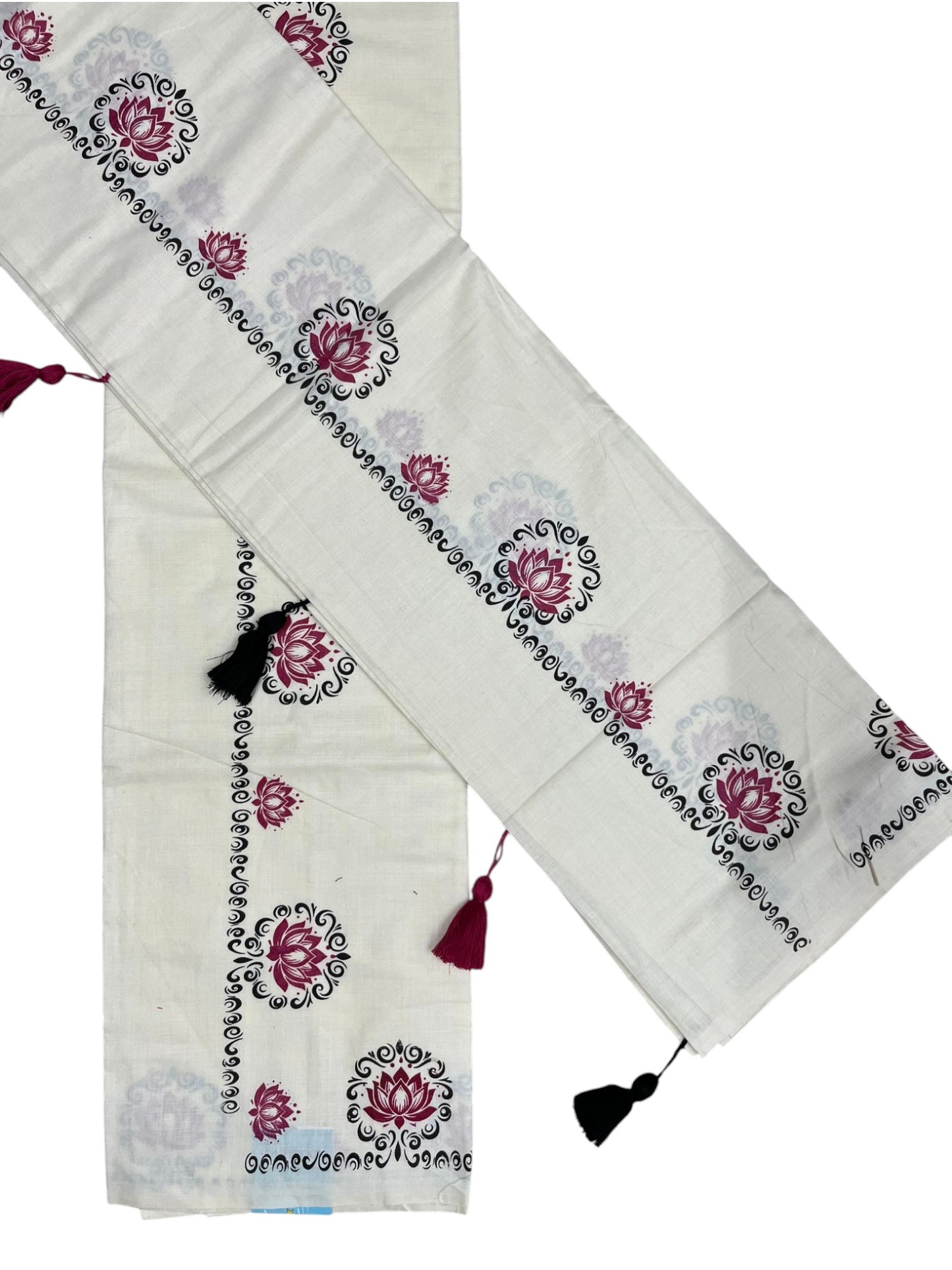 Southloom Kerala Cotton Single Set Mundu (Mundum Neriyathum) with Magenta & Black Lotus Block Printed Design