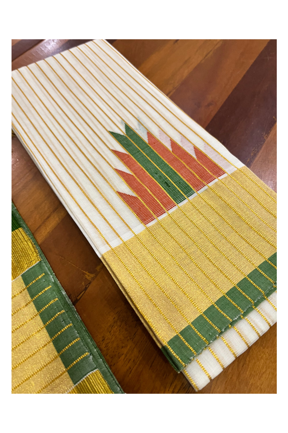 Southloom™ Premium Handloom Cotton Kasavu Saree with Orange Olive Green Temple Woven Border and Stripes Work on Pallu