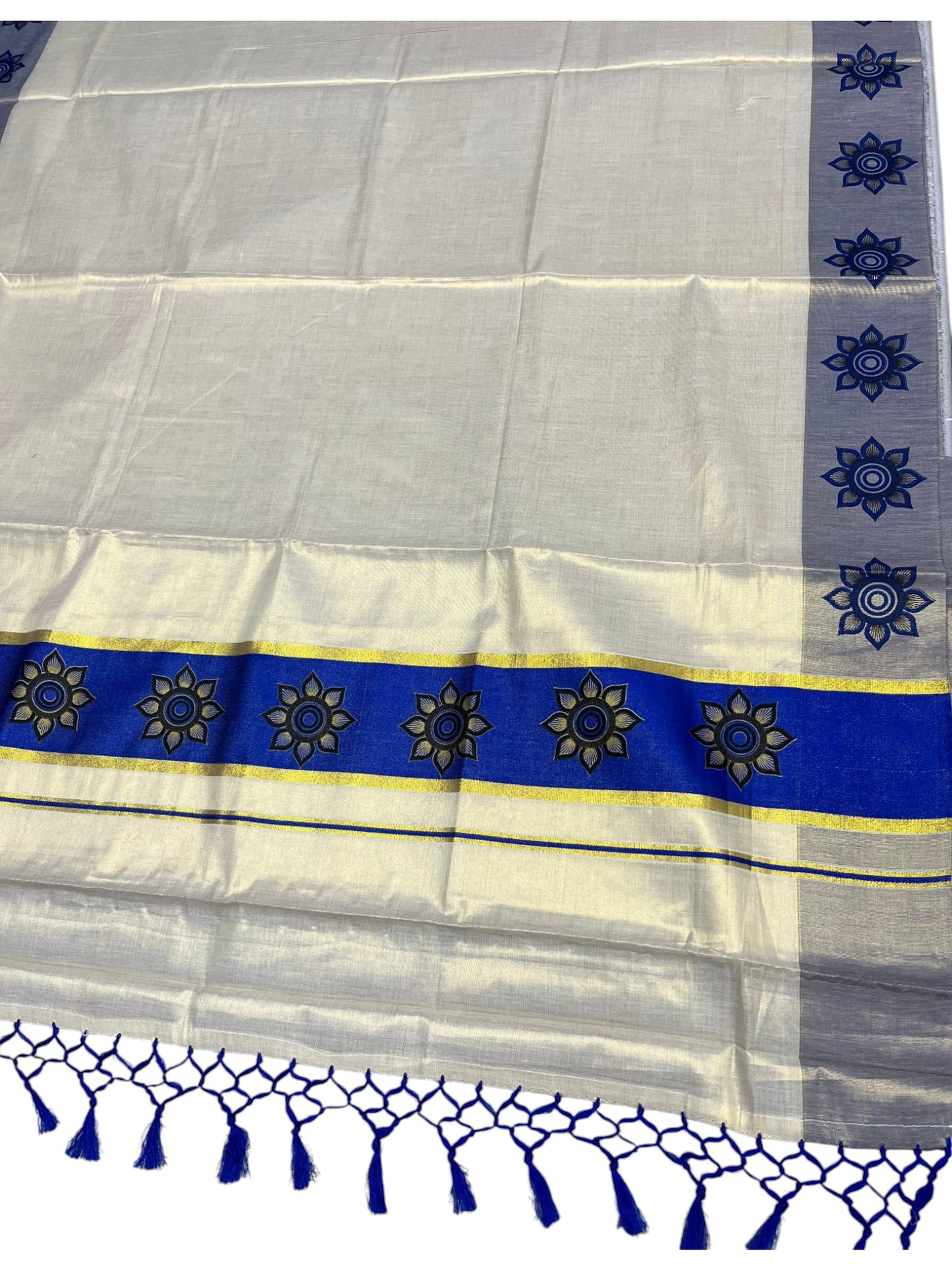 Southloom Kerala Tissue Kasavu Saree with Floral Block Prints in Blue Border
