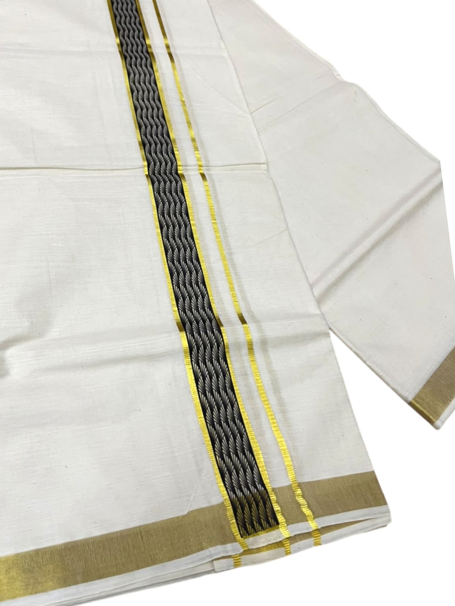 Southloom Pure Cotton Double Mundu with Black Block Printed And Ksavu Border (South Indian Kerala Dhoti)