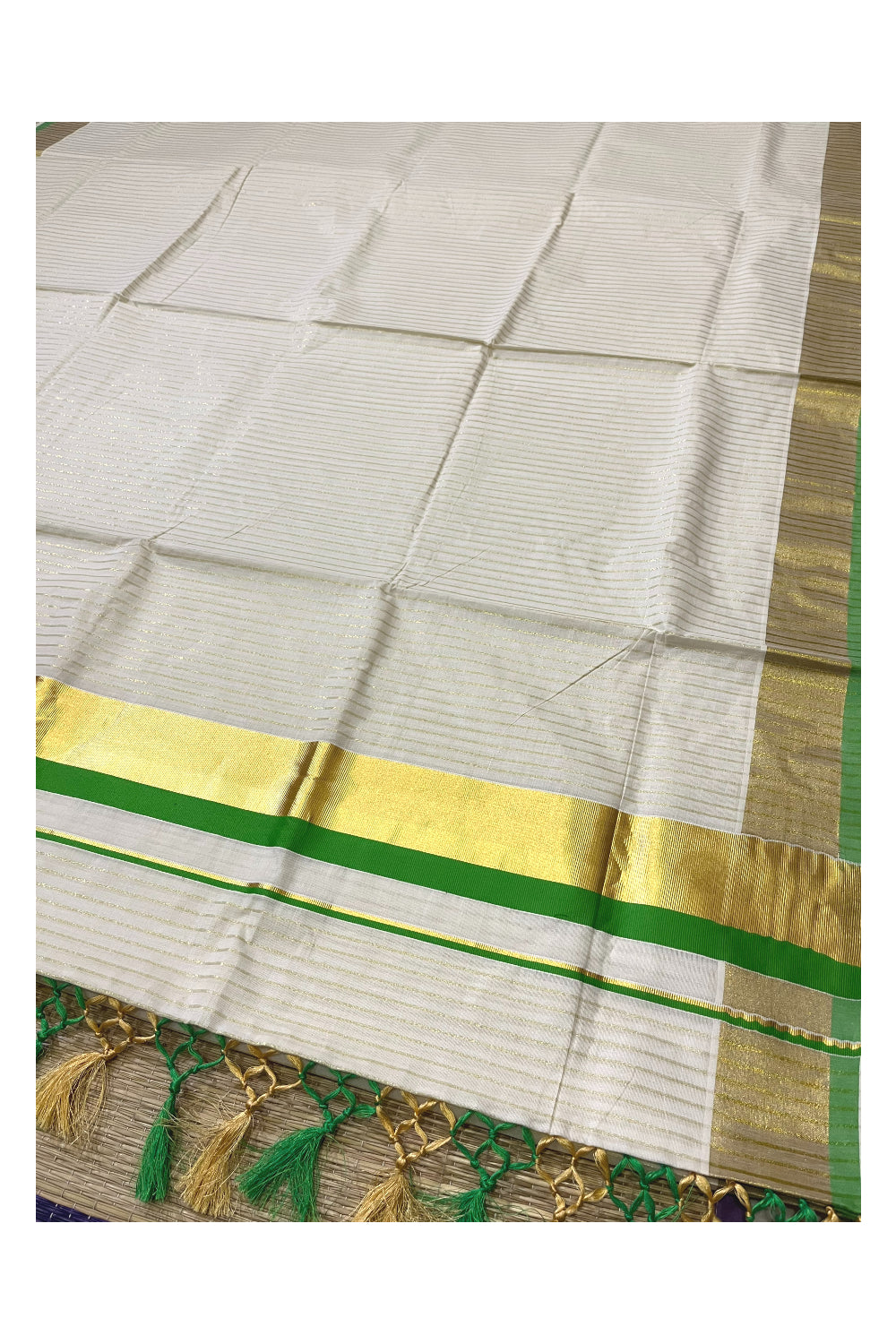 Pure Cotton Kerala Kasavu Lines Design Saree with Light Green Border and Tassels Work (Onam Saree 2023)