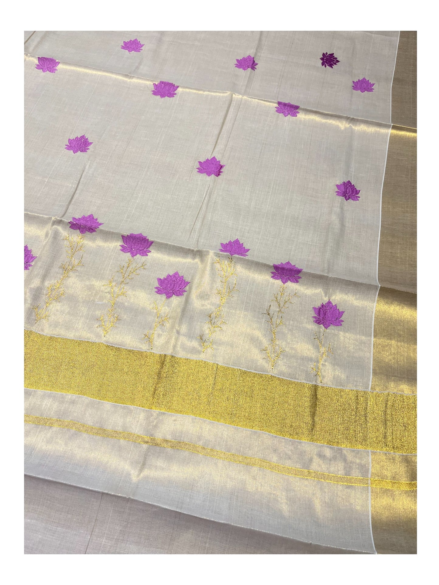 Southloom Kerala Tissue Kasavu Saree with Pink Floral Print on Body and Border