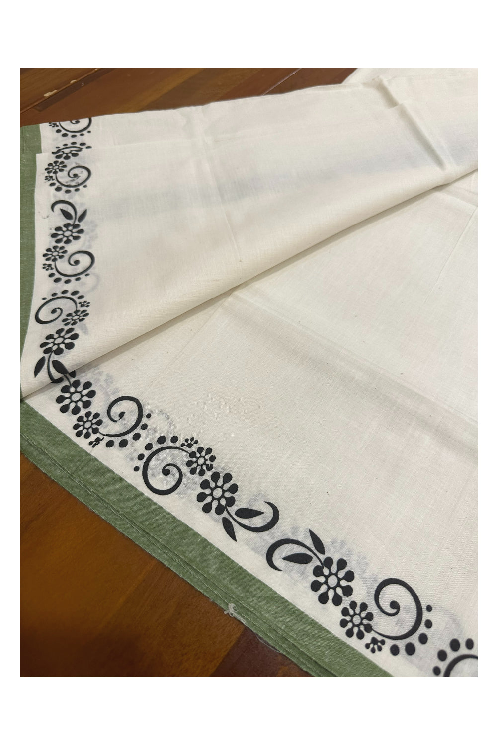 Kerala Cotton Set Mundu (Mundum Neriyathum) with Black Block Prints in Green Border