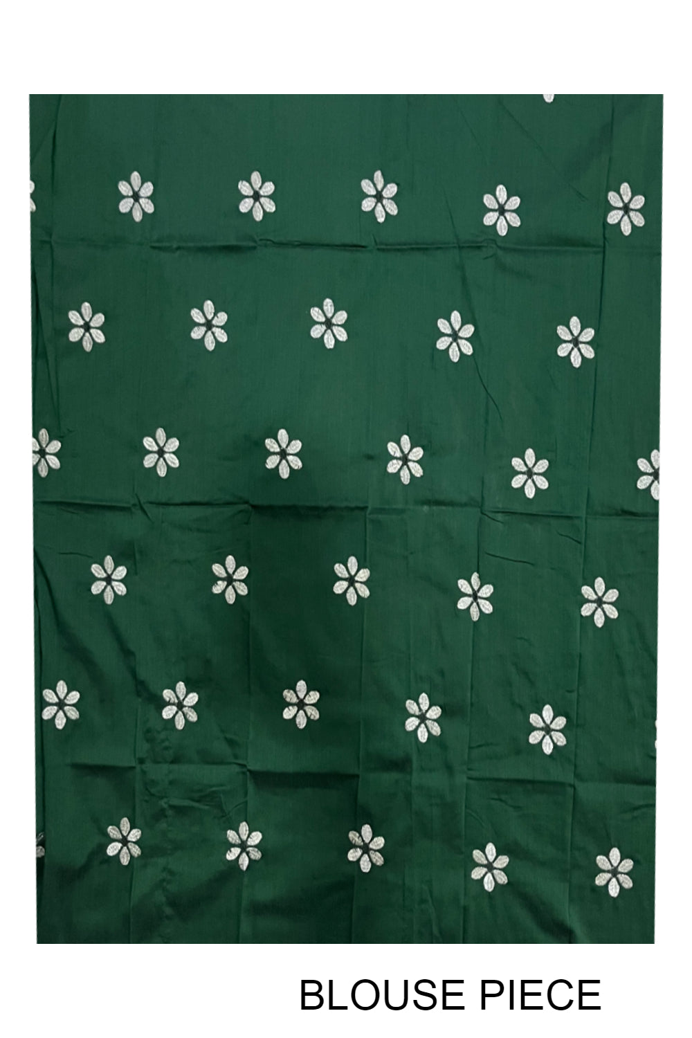 Kerala Silver Tissue Kasavu Saree with Floral Embroidery Works on Body and Dark Green Blouse Piece