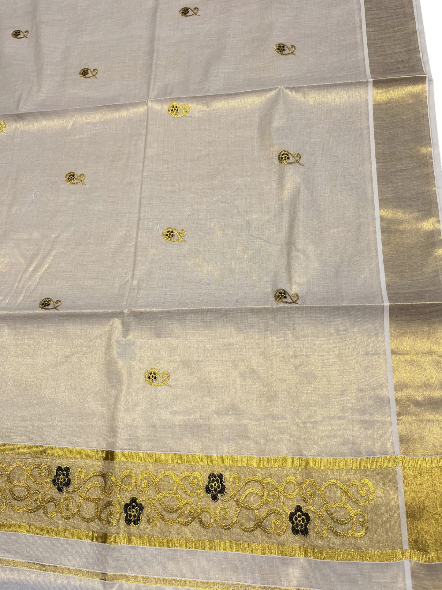 Southloom Kerala Tissue Kasavu Saree with Golden Embroidery Work on Body