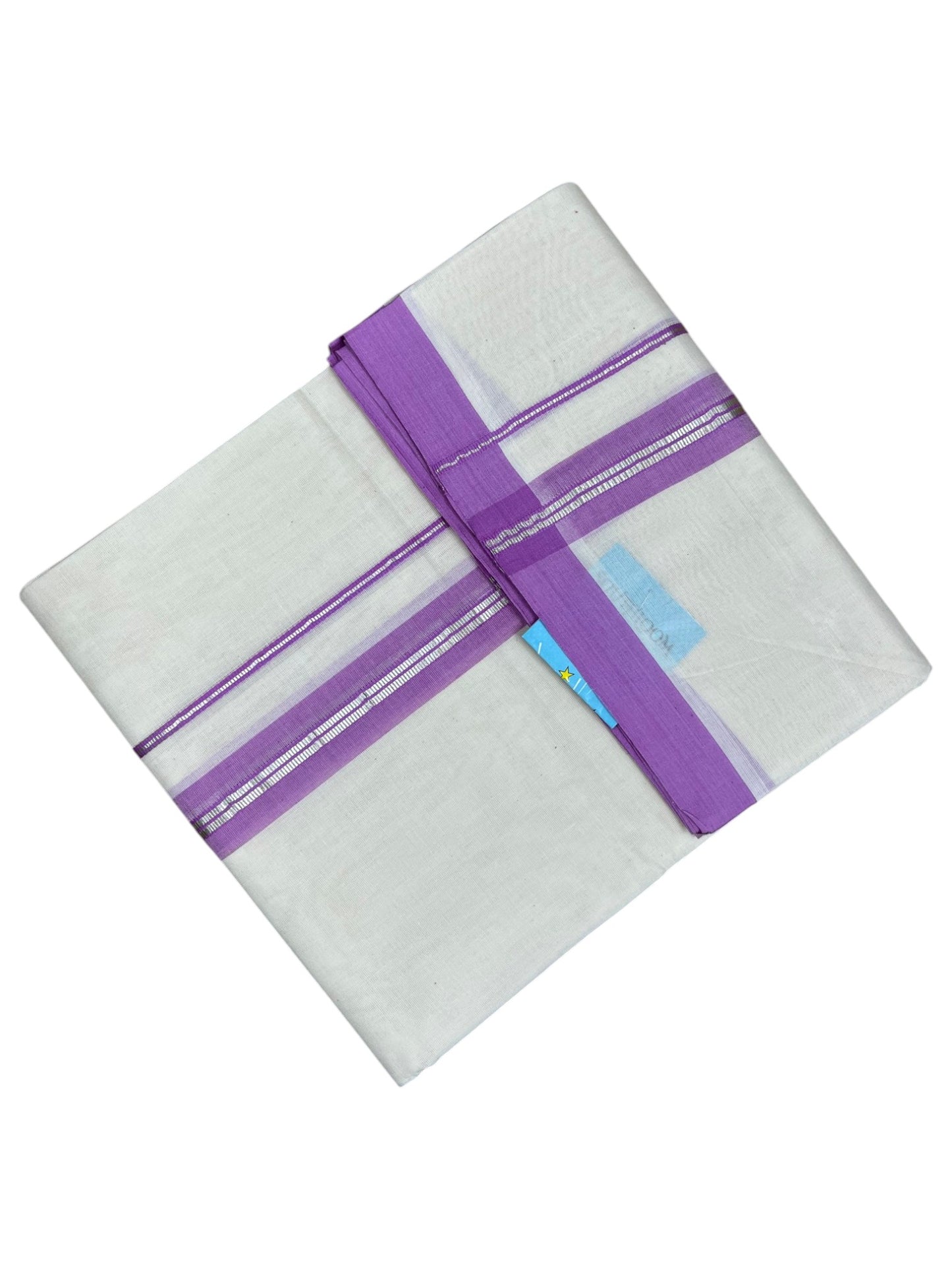 Southloom Pure Cotton Mundu with Silver Lines and Lavander Border (South Indian Kerala Dhoti)