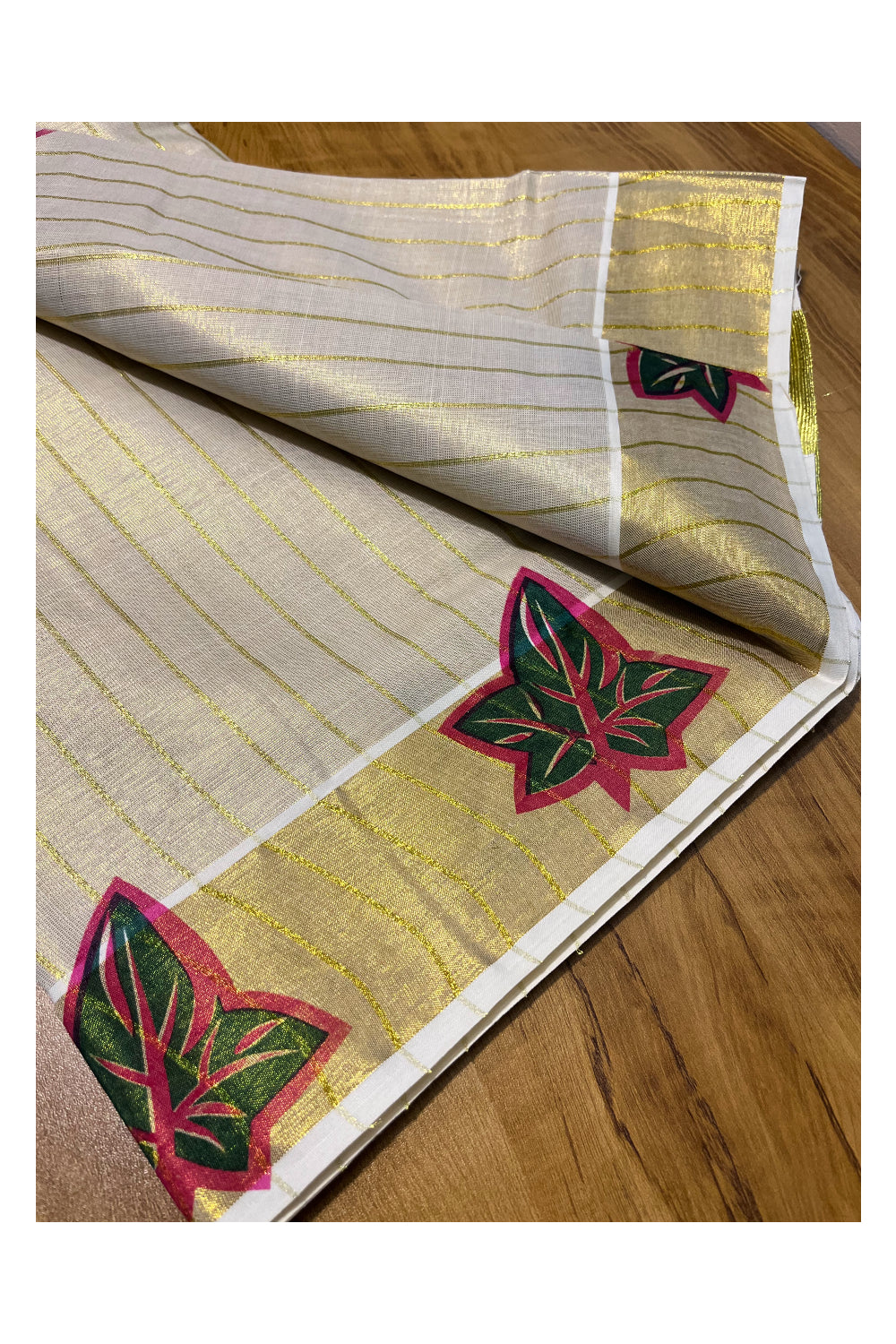 Kerala Tissue Single Set Mundu (Mundum Neriyathum) with Magenta Green Block Printed Design 2.80Mtr