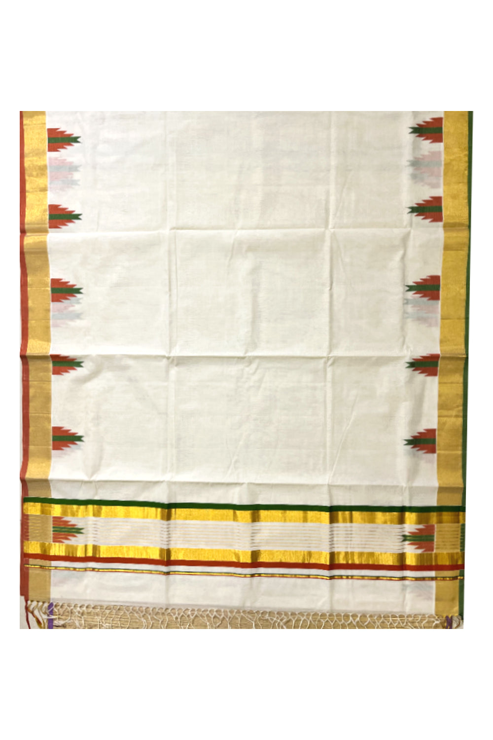 Southloom™ Premium Handloom Cotton Kasavu Saree with Orange Olive Green Temple Woven Border and Stripes Work on Pallu